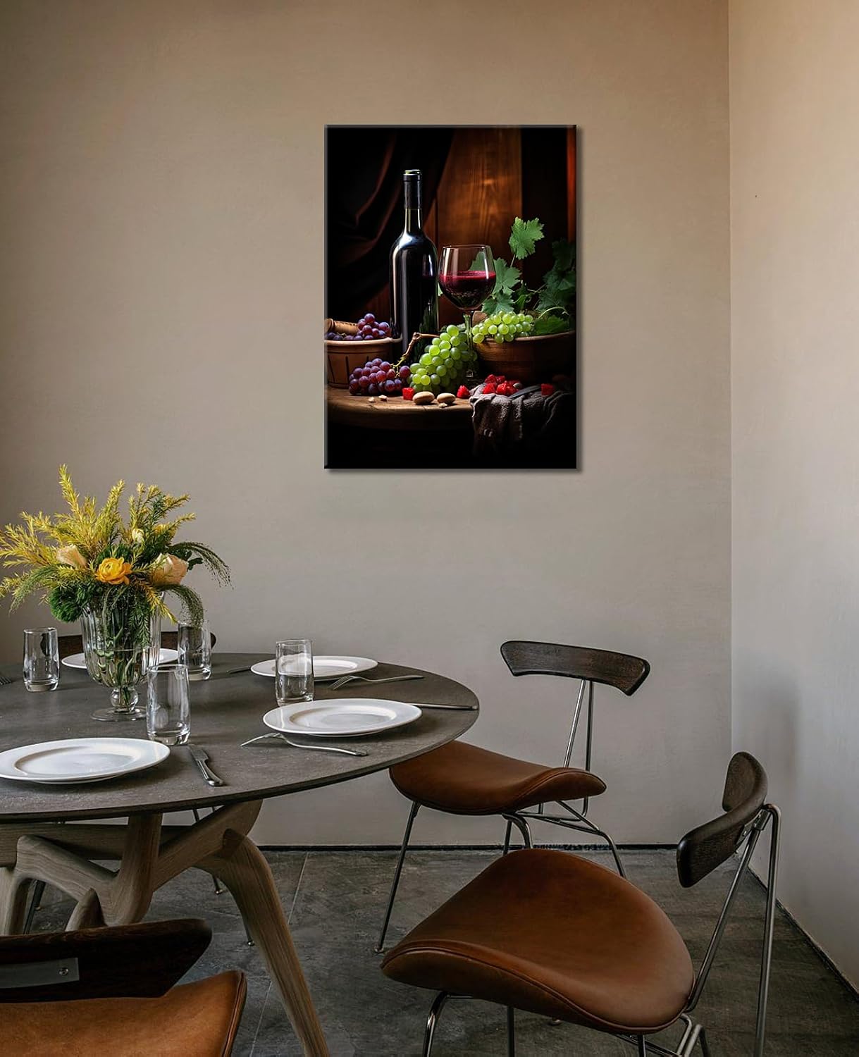 Kitchen Canvas Wall Art Red Wine Bottles Galsses & Grapes on a Table Picture for Dining Room Wall Decor Vintage Still Life Print Painting for Bar Pub Decor,Framed