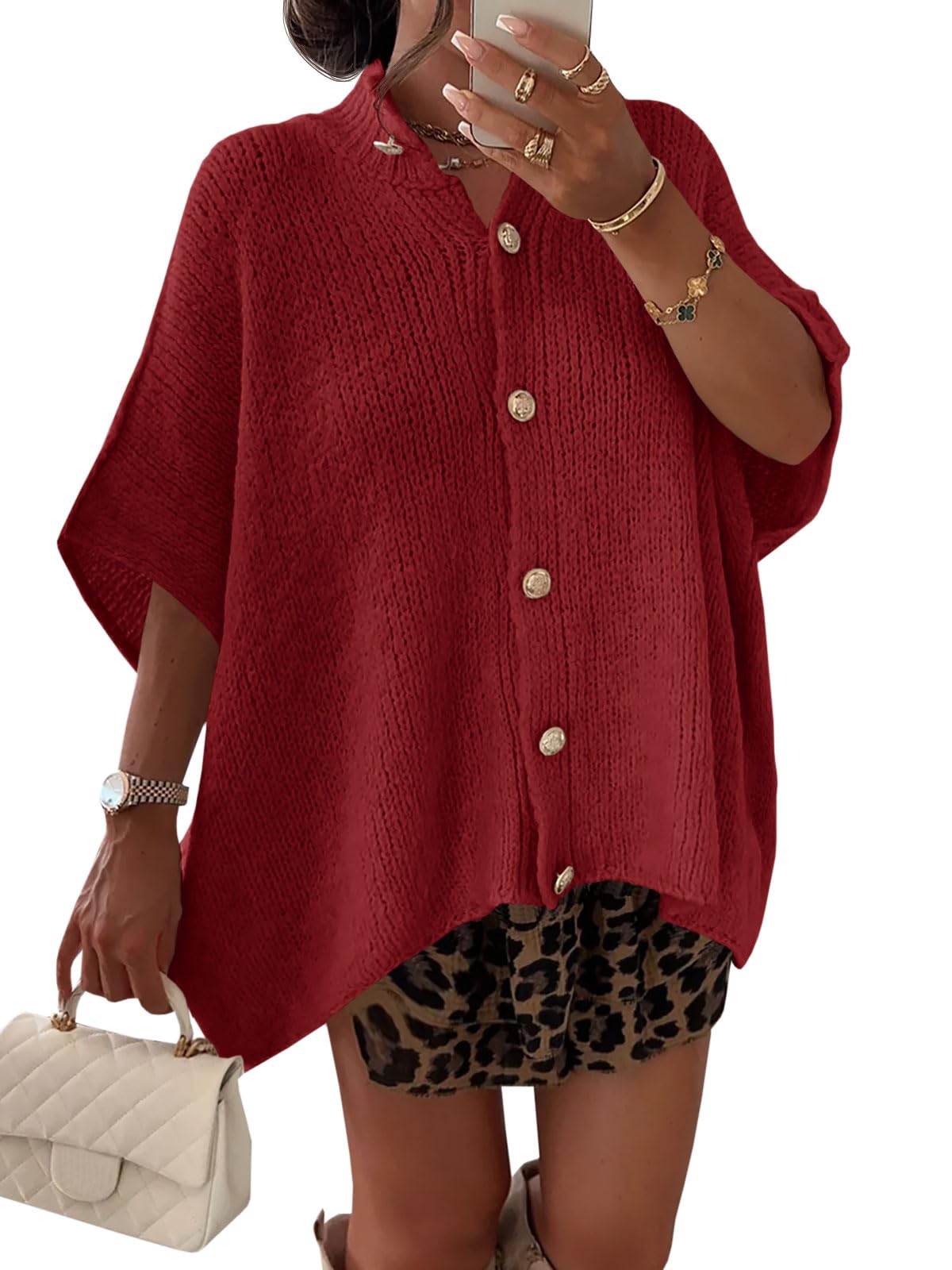 Saodimallsu Womens Oversized Cardigan Sweaters Short Sleeve Button Down Casual Lightweight Loose Knit Trendy Cardigans