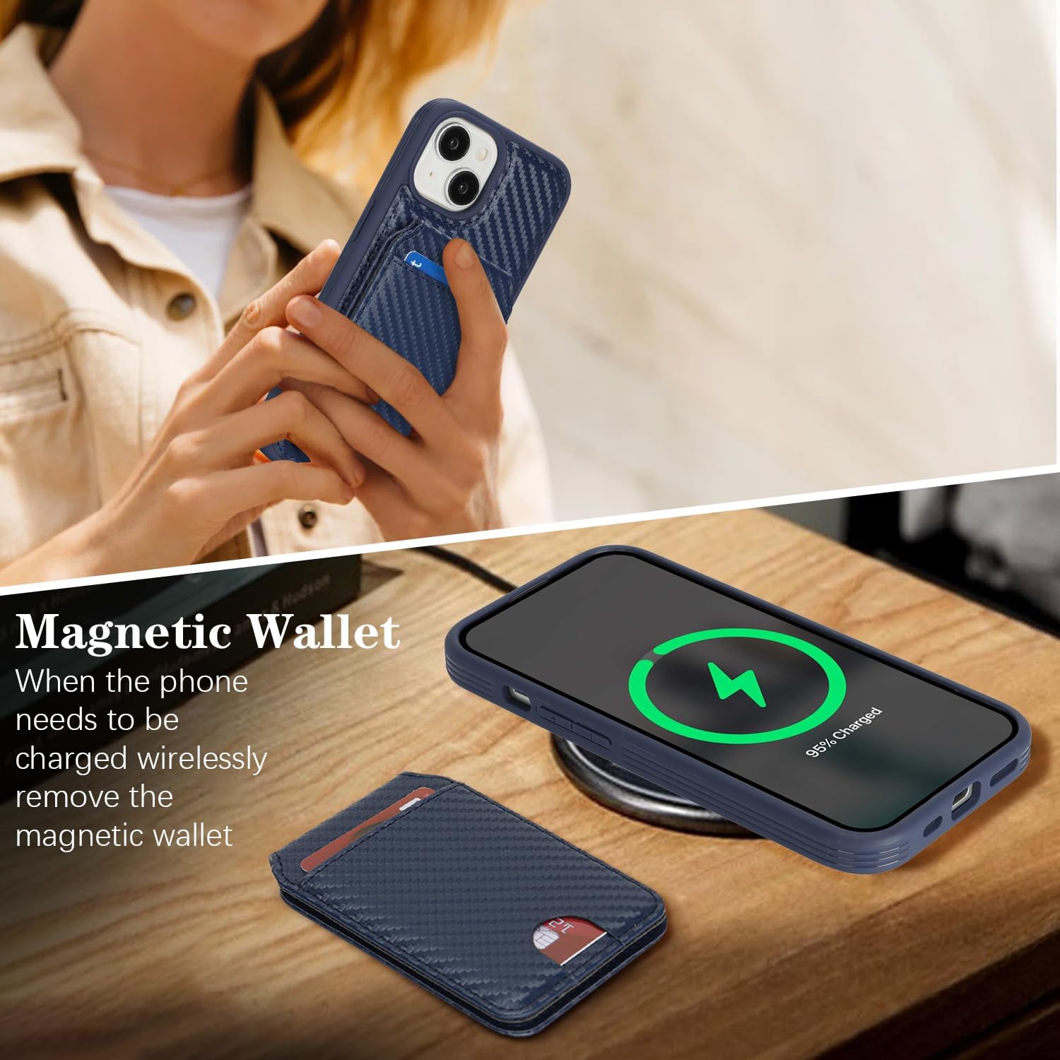 Ｈａｖａｙａ Compatible MagSafe for iPhone 14 Pro Max Wallet Case - Detachable 2-in-1 Magnetic Cover, Textured Carbon Fiber, with Card Slots & Wireless Charging - Cobalt Blue