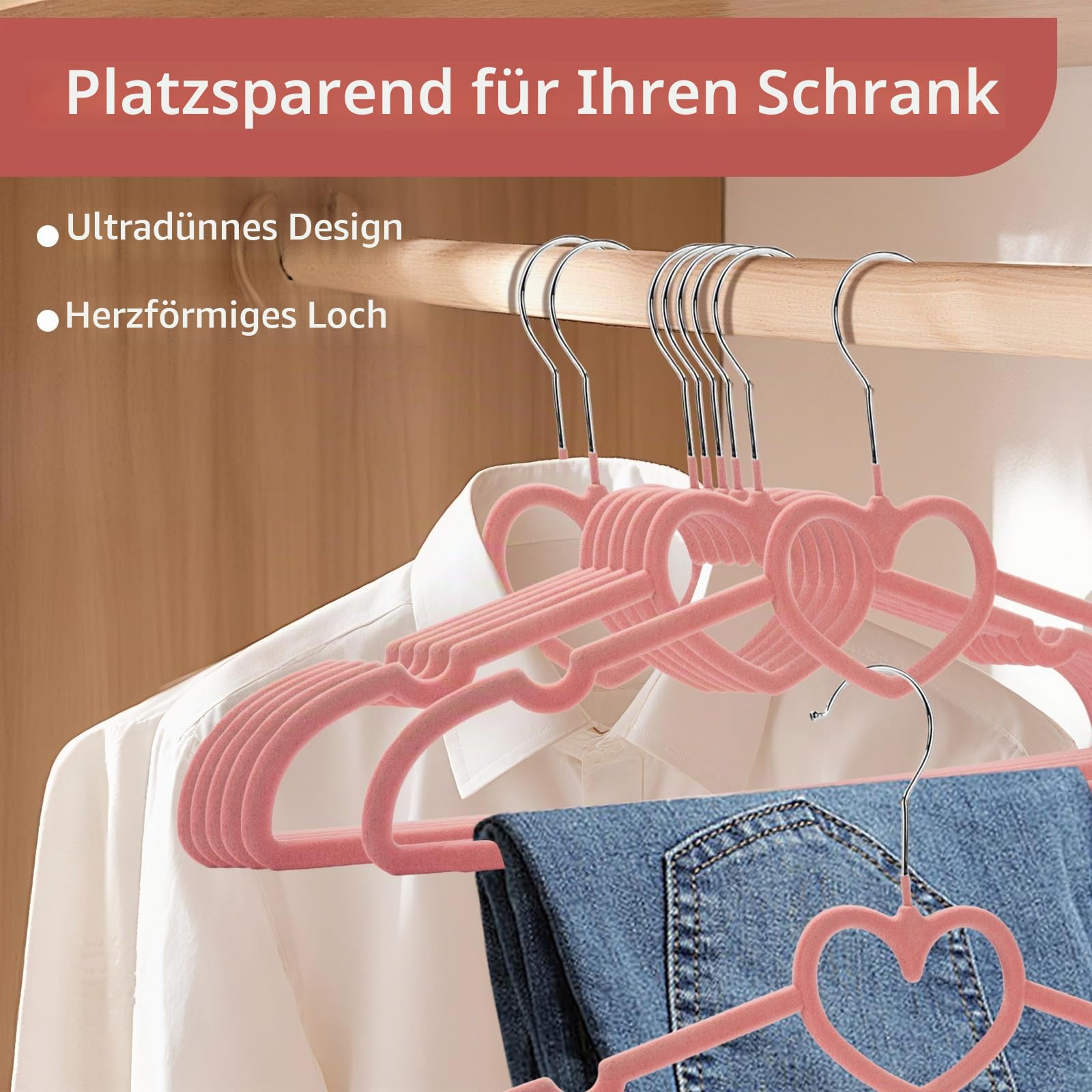 Samt-Kleiderbügel, niedliches Herz, mit 360-Grad-Drehhaken, rutschfester, dünner Filz-Kleiderbügel für Erwachsene, Mantel, Kleid, Hemd, Jacke, Hose, im Schrank, 50 Stück