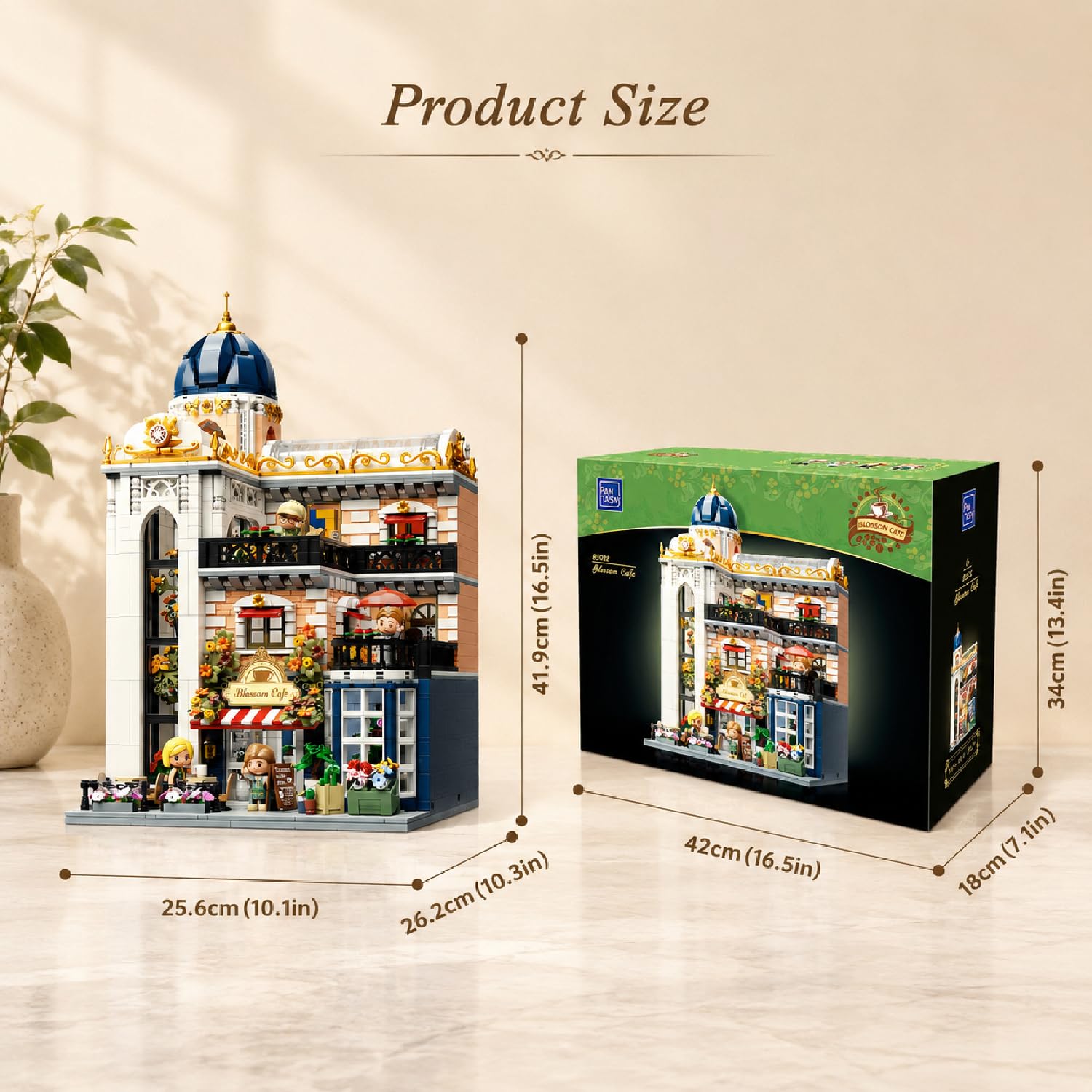 PANTASY Blossom Café Modular Building Set, 3-piętrowa europejska oranżeria z kawiarnią, galerią sztuki i kwiatowym atrium, kolekcjonerski zestaw architektoniczny dla dorosłych kreatywne klocki
