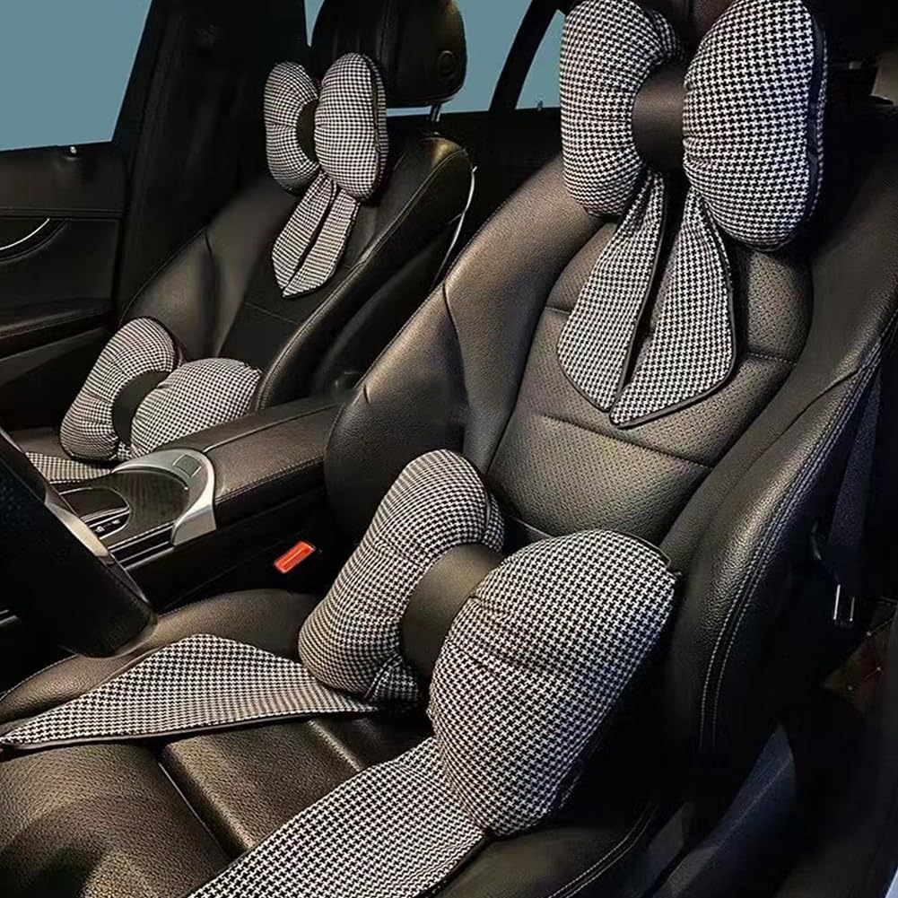 4Pack Houndstooth Butterfly Knot Car Neck Pillows and Lumbar Support Pillow Flower Car Headrest Pillow and Lumbar Support Cushion for Driving Car Decor