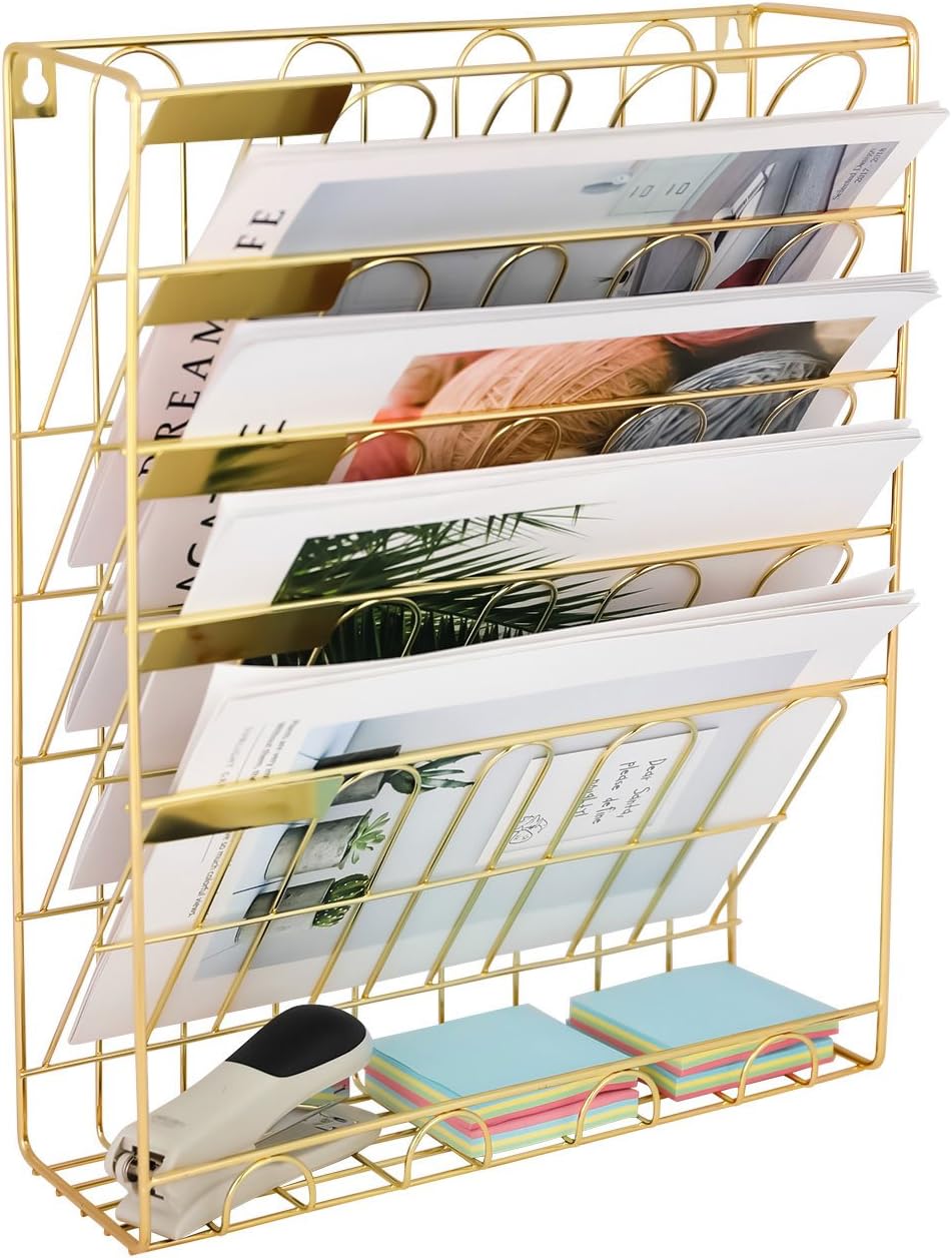 EasyPAG 6 Tier A4 Metal Wire in Tray Hanging Wall File Holder Mail Organiser Magazine Storage Rack,Gold