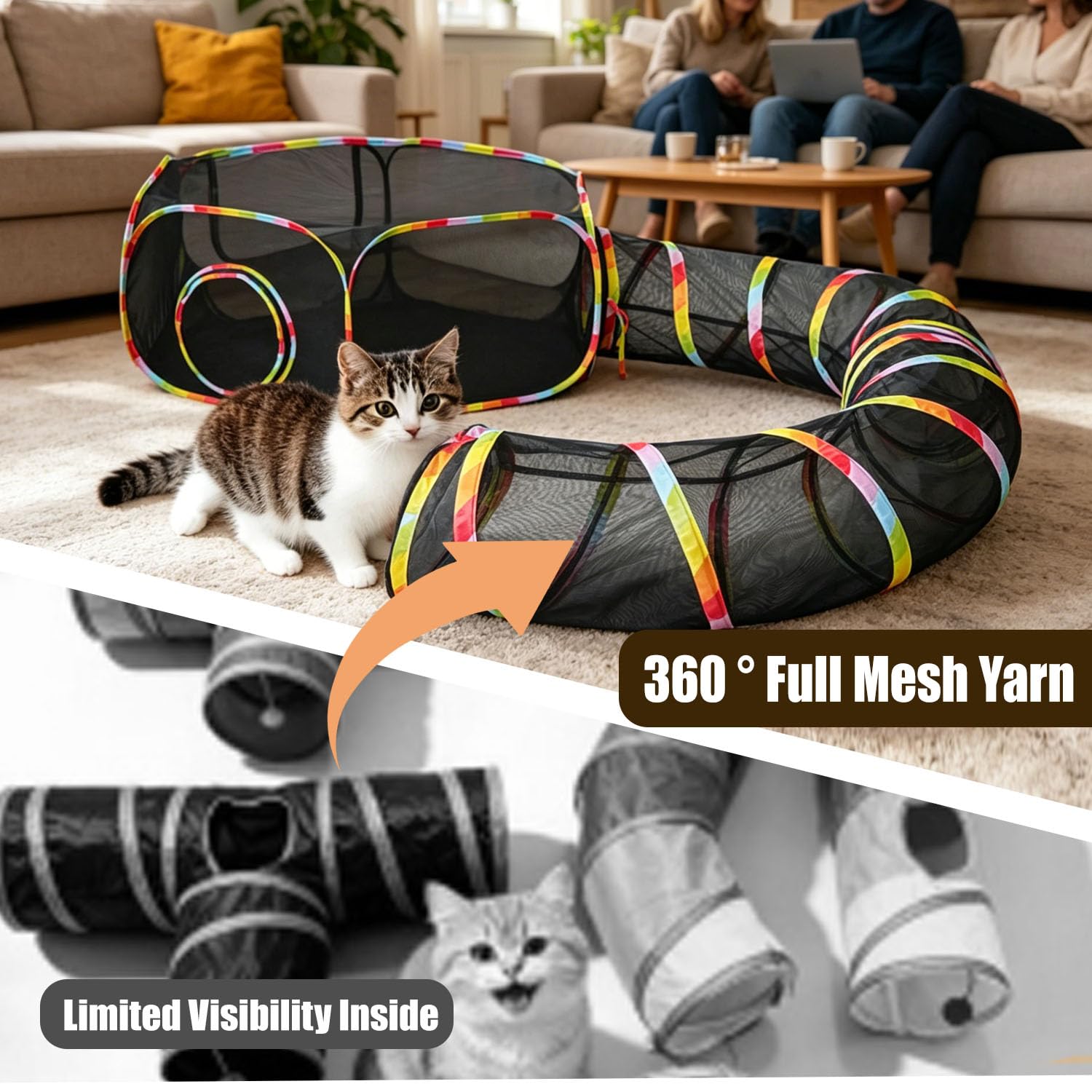 2 in 1 Katzentunnel & Zelt, Faltbare Mesh Outdoor Katzengehege, Katzenlaufstall für Katzen, Kaninchen, Hamster, Meerschweinchen & Kleintiere