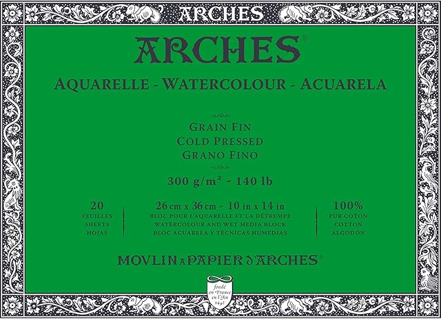 ARCHES Aquarelle Pad 20 Sheets 26 x 36 Glued on 4 Sides 300 g/m² Fine Grain, Natural White, 4 Free Edges