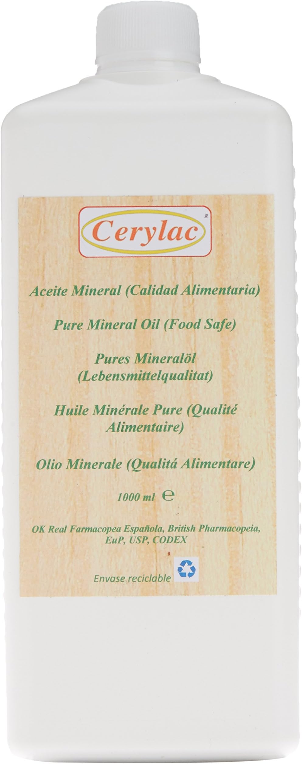 Pure mineral oil for wood, slate or stone - 1000 ml. Food safe. Approved by the British Pharmacopoeia, Spanish Pharmacopoeia, USA certification to DAB, Codex certification to USB178.362(a) and FDA 172.878 USP specification.