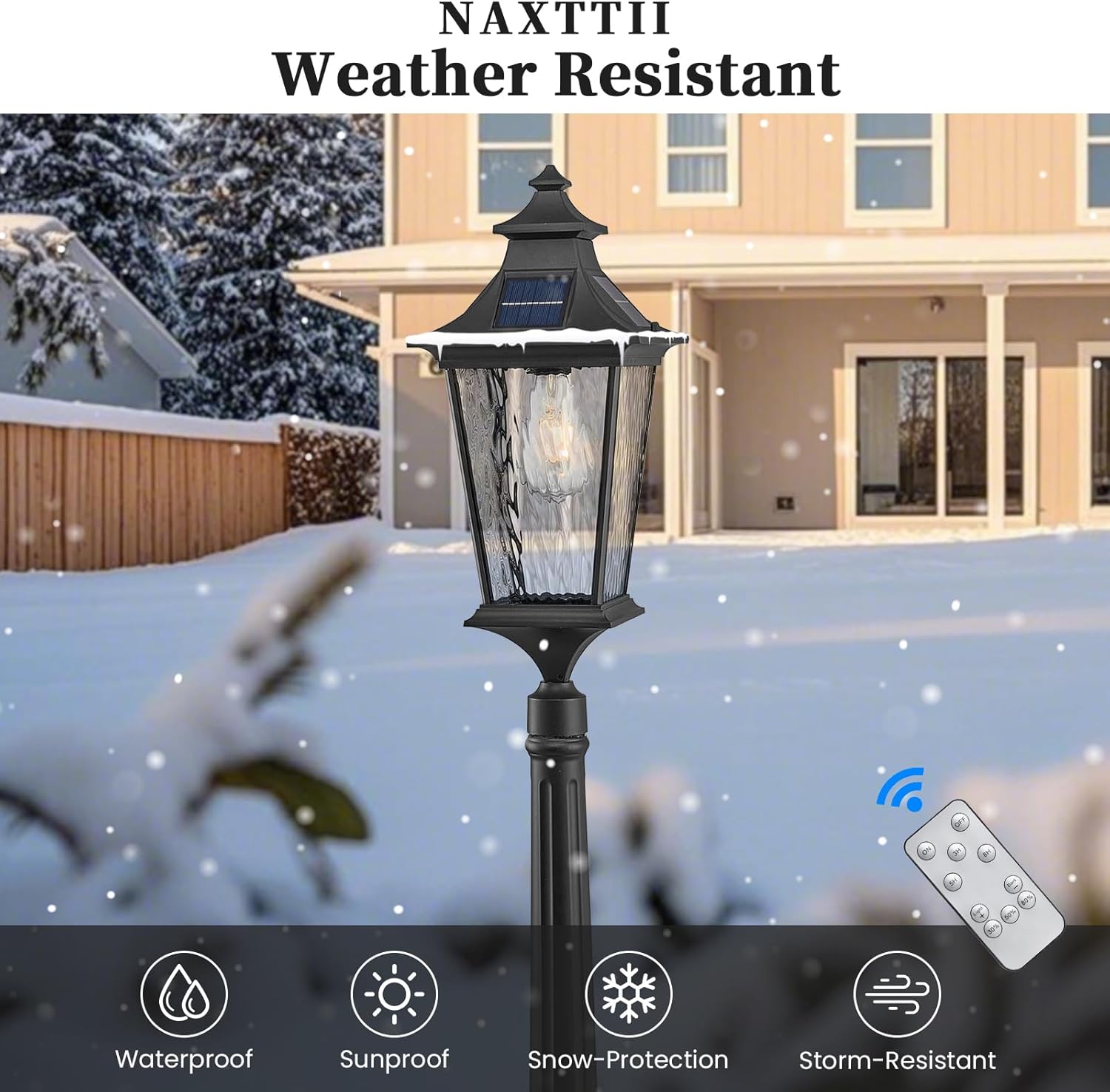 47.3 Inch Black Solar Lamp Posts Outdoor Waterproof Aluminum Solar Pole Lights with Water Ripple Glass Dusk to Dawn Outdoor Post Lights Hard Wired Include Remote Control and LED Bulb