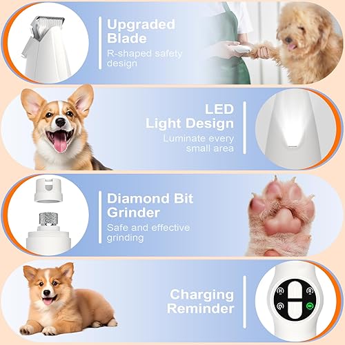 Miniatura 8 de Recortadora de patas de perro con luz LED, kit de aseo mejorado 2 en 1, amoladora inalámbrica de uñas para mascotas con 3 puertos para perros
