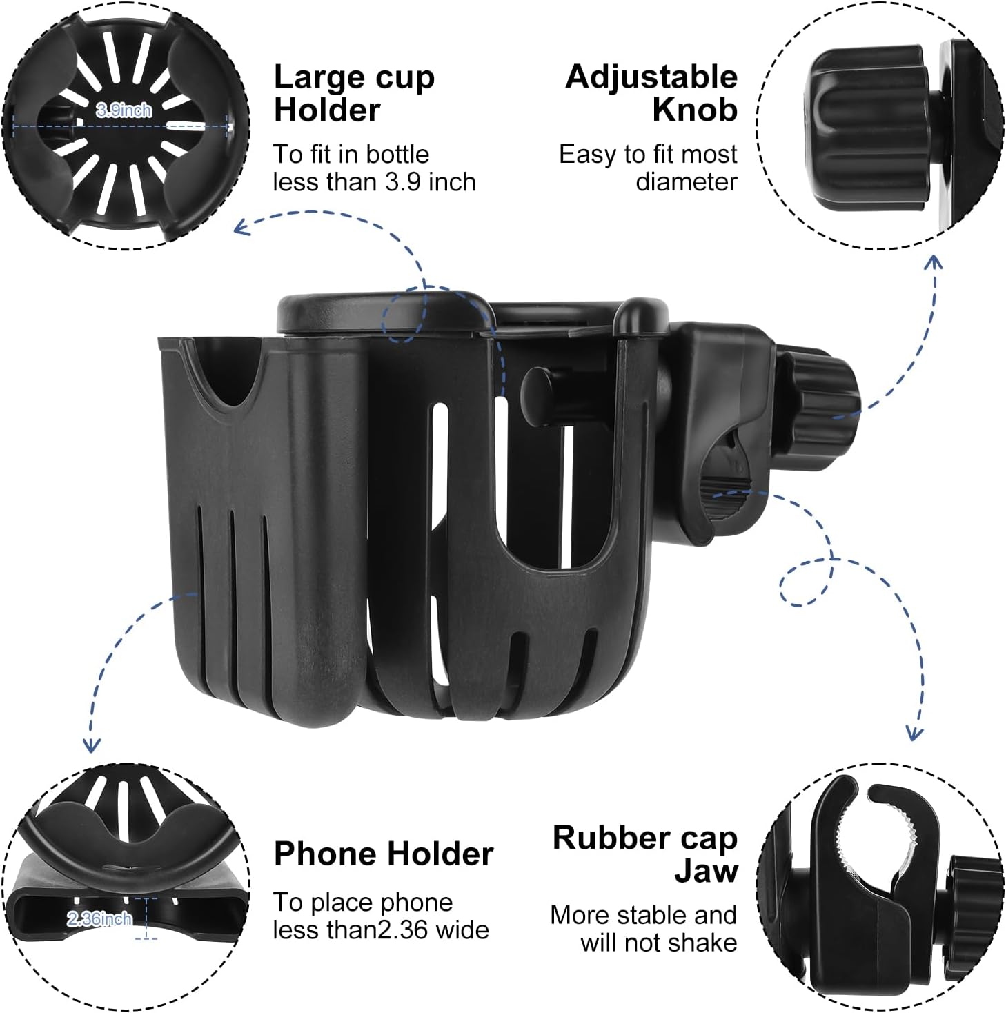 2-in-1 Universal Stroller Cup Holder with Phone Case, 360° Rotation Drink & Phone Holder for Bike, Pushchair, Wheelchair, Walker, Fits Most Cups & Smartphones, No Tools Required