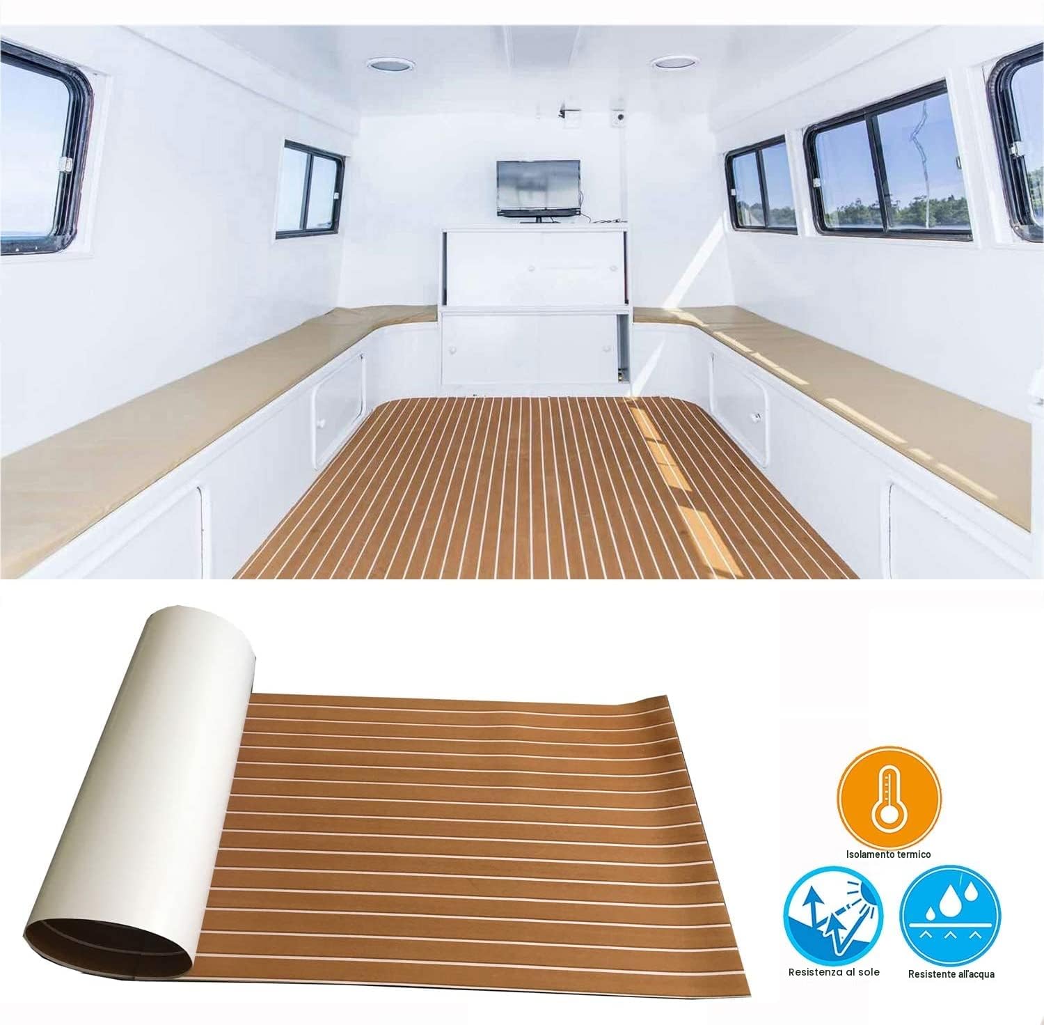 Teak Sintetico Marino,Eva Tappetino Antiscivolo per Barca,Pavimentazione in Barca, 240 x 90 cm Autoadesivo Tappeti per Barca Yacht Kayak Vela RV