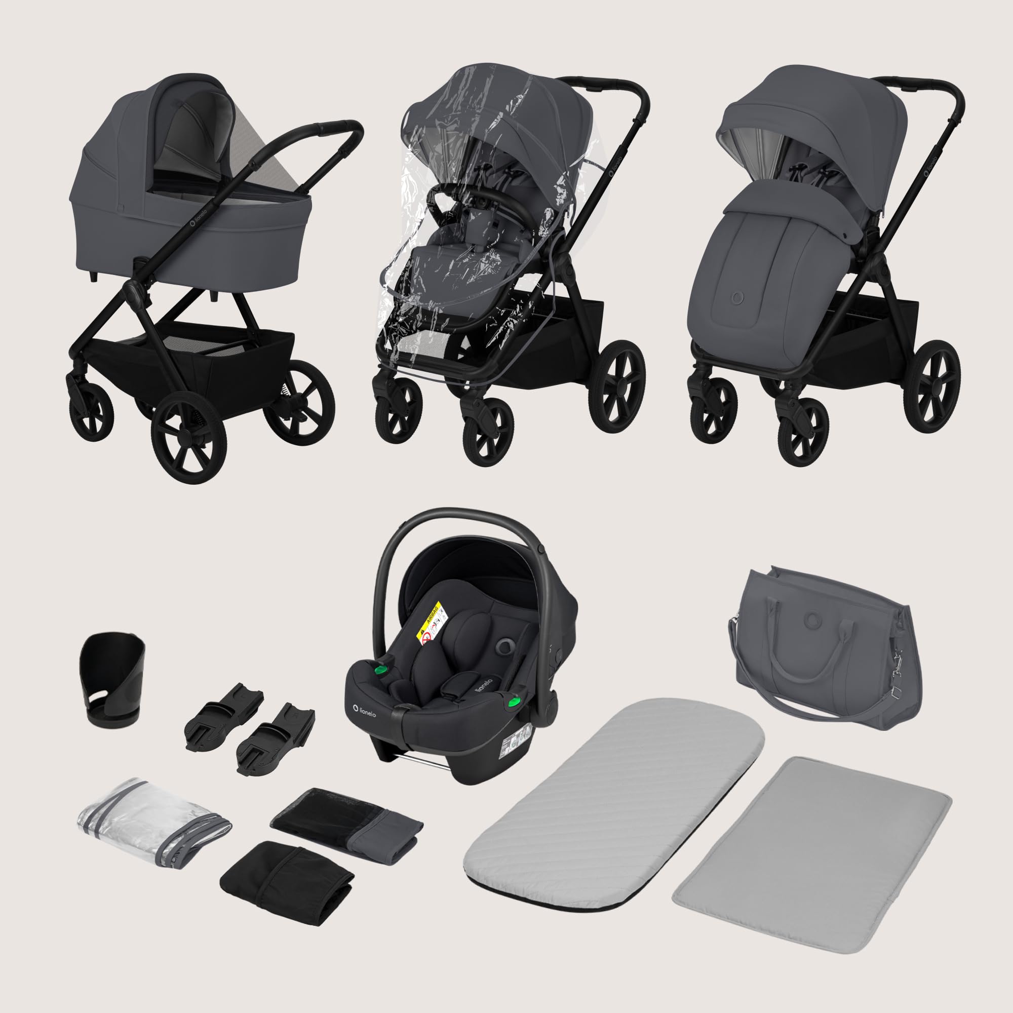 LIONELO Carmine Passeggino Trio 3 in 1 per Bambini 0-4 Anni fino a 22 kg | Sistema Modulare Pieghevole, Navicella Portatile e Seggiolino Auto Ovetto, Ruote GravelTech, Ammortizzazione, Cappottina XXL
