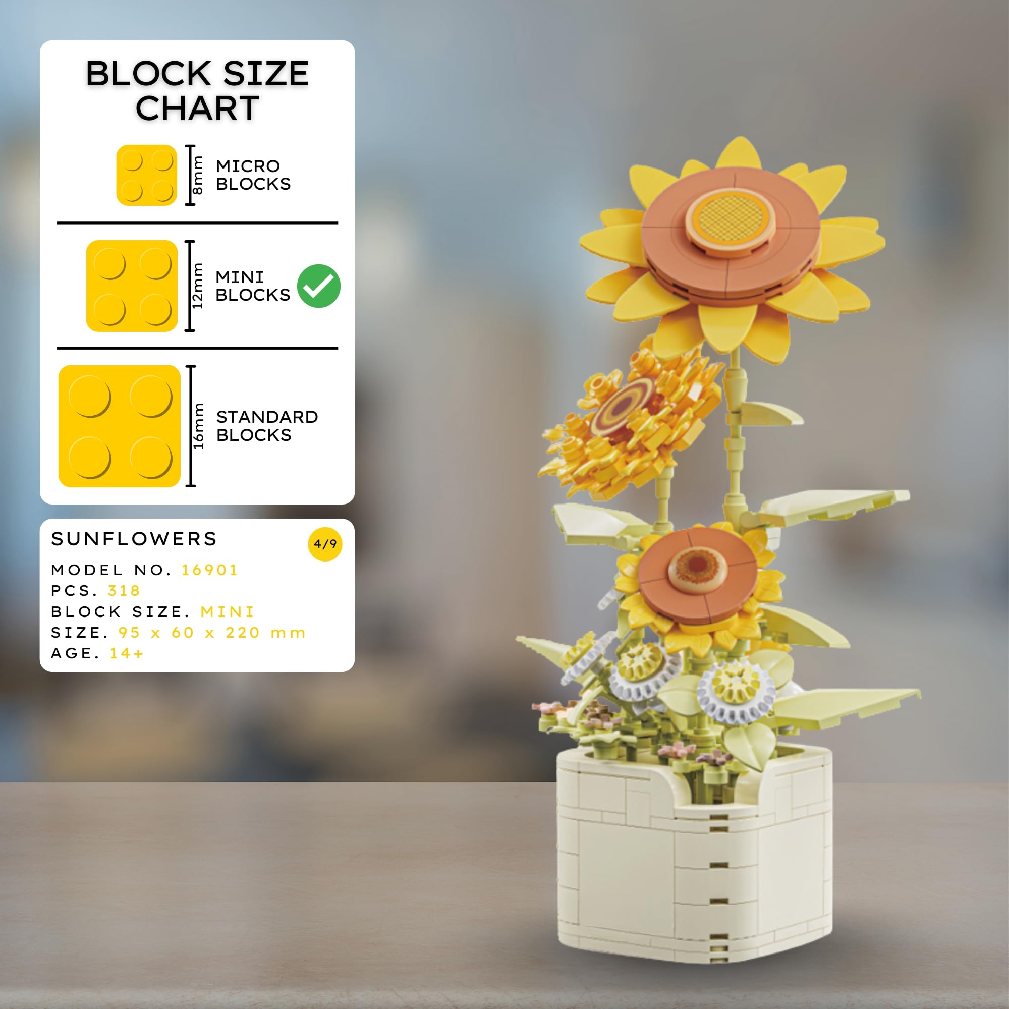 New Block Collection BOTANIQUE – Kit de Construction Fleur – Modèle Floral en Briques pour Adultes – Set Créatif et Décoratif - Idée Cadeau Originale (SUNFLOWER