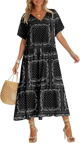Yousify Womens 2026 Summer Maxi Dresses Short Sleeve Boho Beach Shirt Dresses Lo