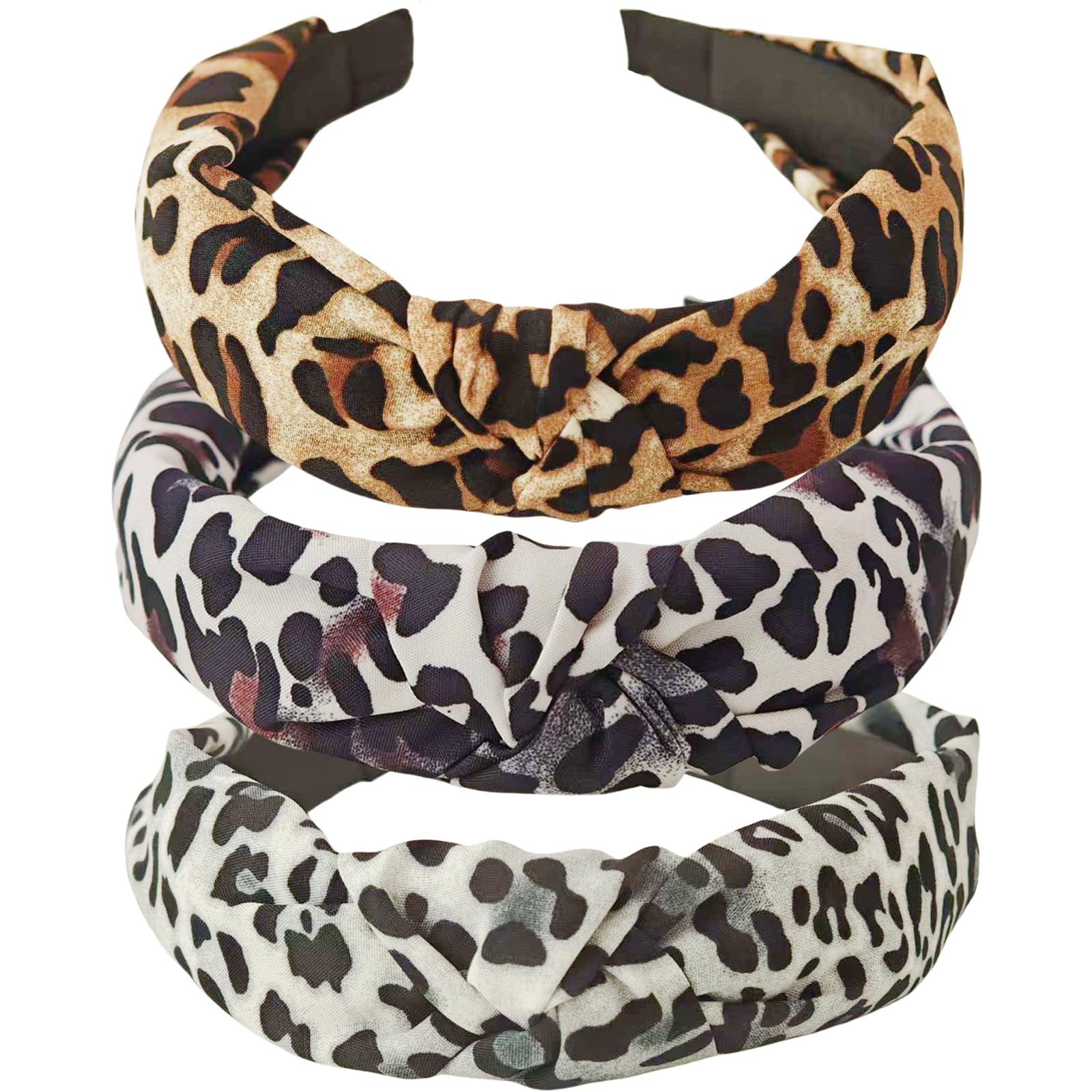 Broeify Pack of 3 - Leopard Print Knot Headbands for Women and Girls, Stylish Animal Pattern Hair Hoops, Comfortable Hair Accessories for Everyday