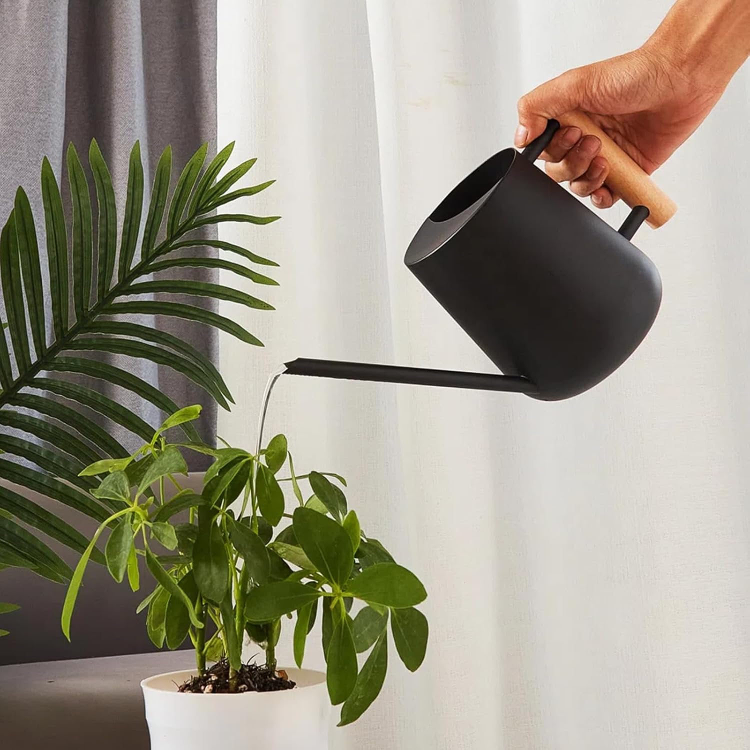 Indoor Watering Can with Long Spout, 34oz Capacity, Black Metal with Wood Handle (Black-Z1)