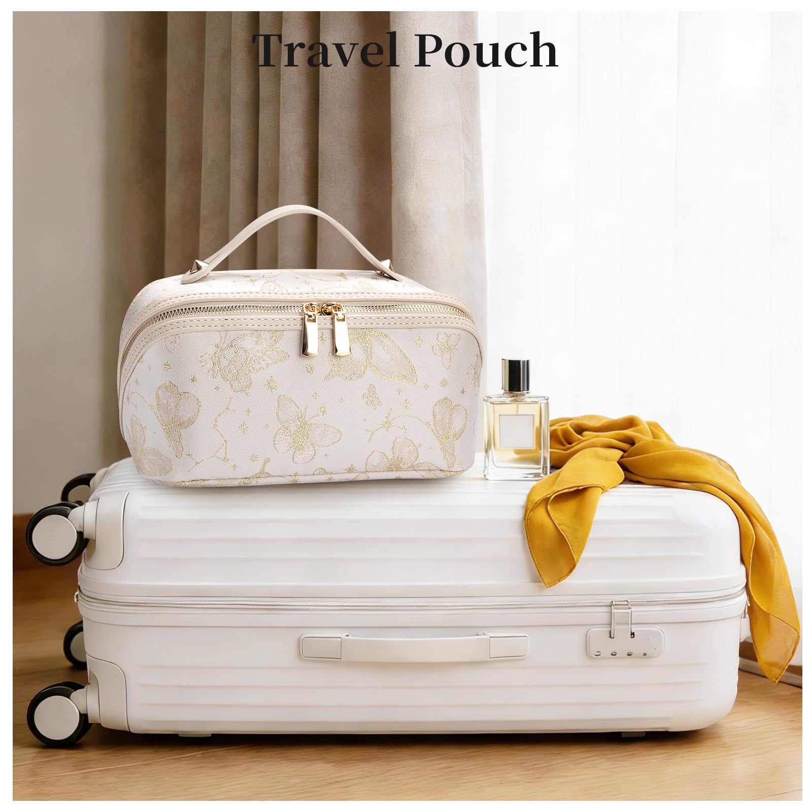 Abiudeng Bolsa de maquillaje de viaje de 2 piezas, bolsas de cosméticos de gran capacidad, bolsa de aseo para artículos esenciales de viaje, bolsa portátil impermeable, organizador de maquillaje plano
