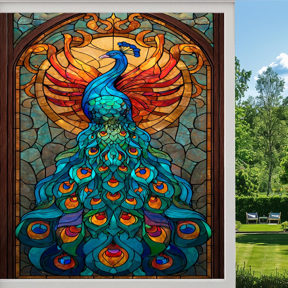 Pmlbaous Elegant Peacock Stained Glass Window Film, Fantasy Bird Feather Peel And Stick Privacy Film, Frosted Adhesive Vinyl Decorative For Bathroom Windows Glass Doors, （55X100cm）
