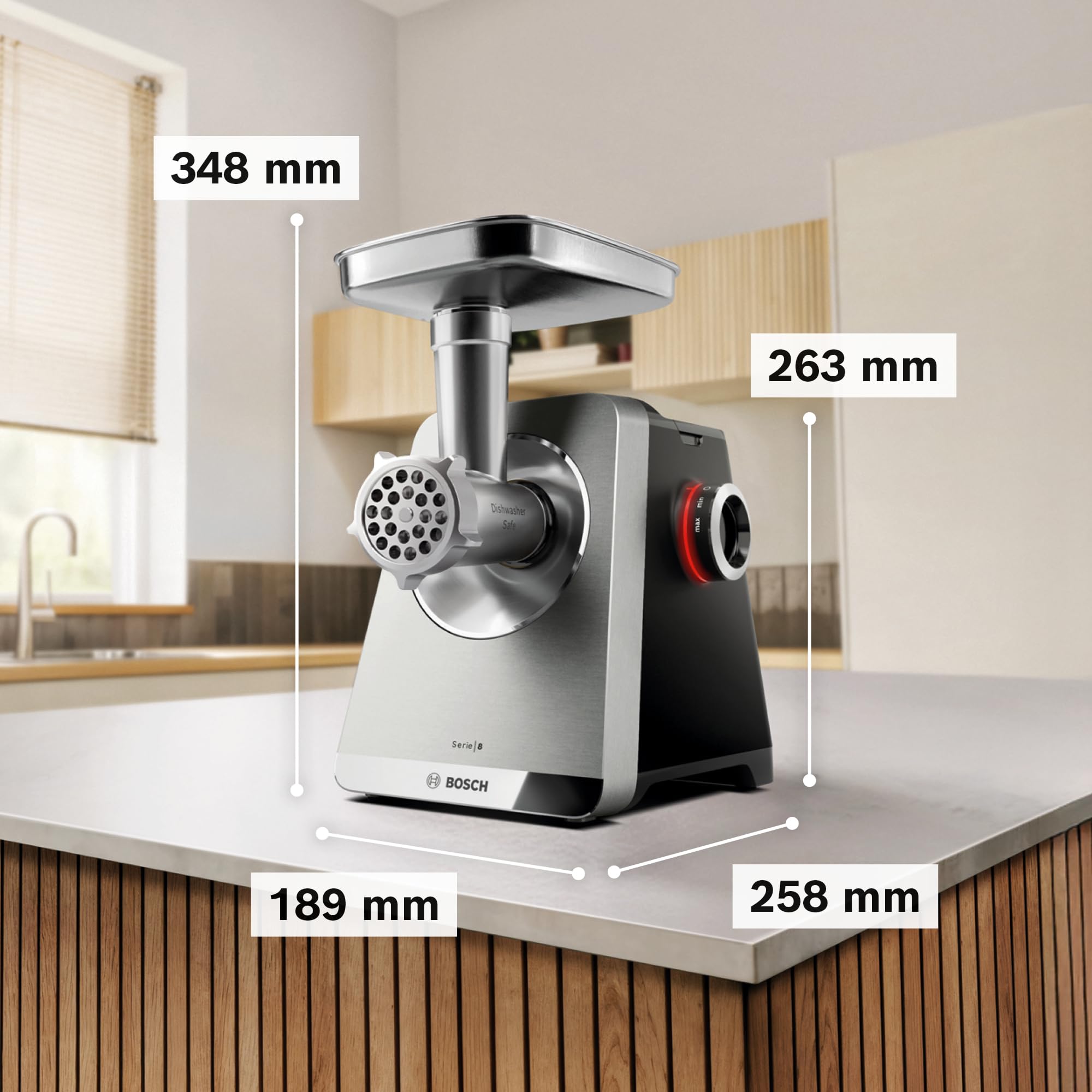 Bosch Fleischwolf Serie 8, 3 Lochscheiben (3/4,5 / 8mm), Edelstahl, spülmaschinenfest, Kebbe- & Wurst-Aufsatz, Durchlaufschnitzler, Motorblockleistung 2.500 W, elektrisch, MultiPower MFWS840M