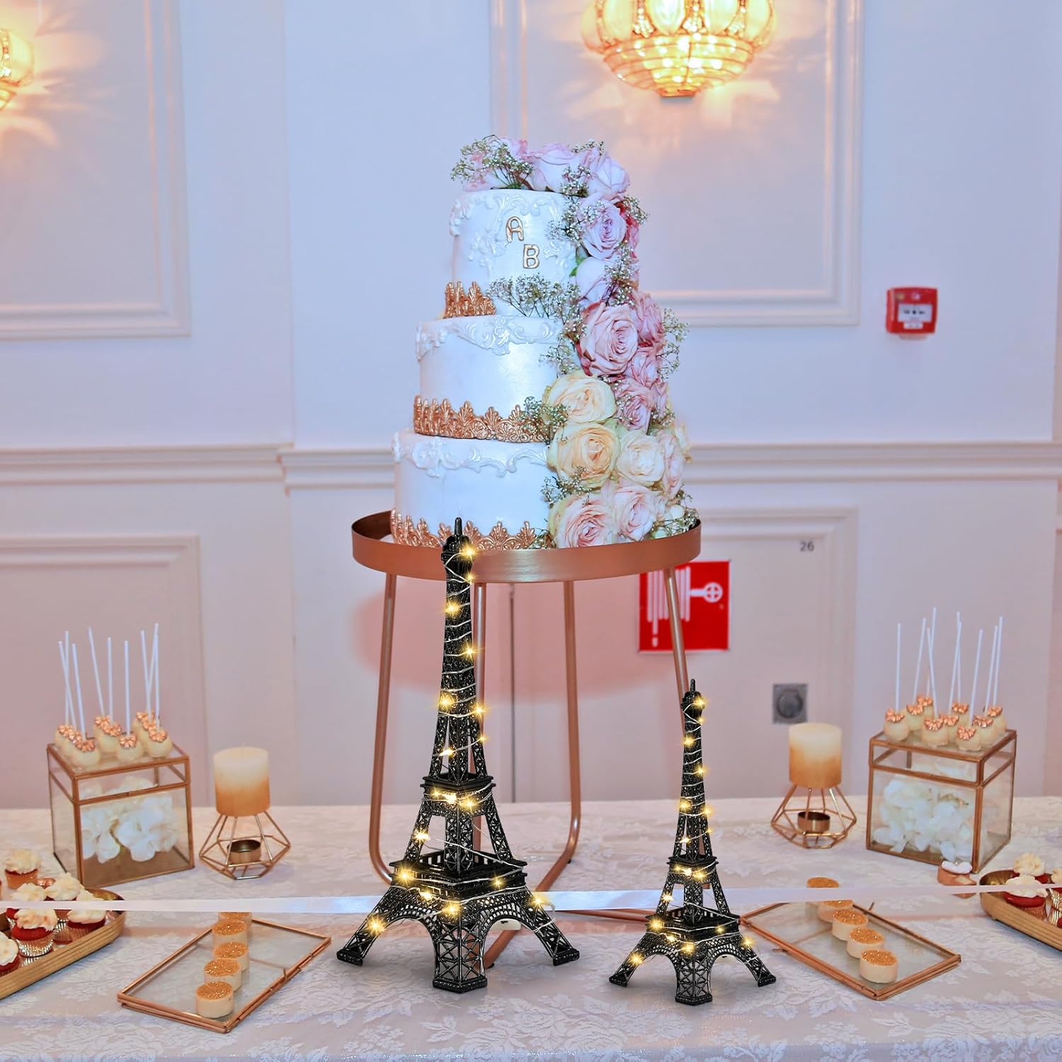 DoubleFill 2 Pcs Mother's Day Eiffel Tower Statue Metal 10 Inch, 15 Inch Eiffel Tower Model Figurine Pari Themed Decor with 2 Light Strings for Cake Topper Party Table Centerpiece Decoration(Black)