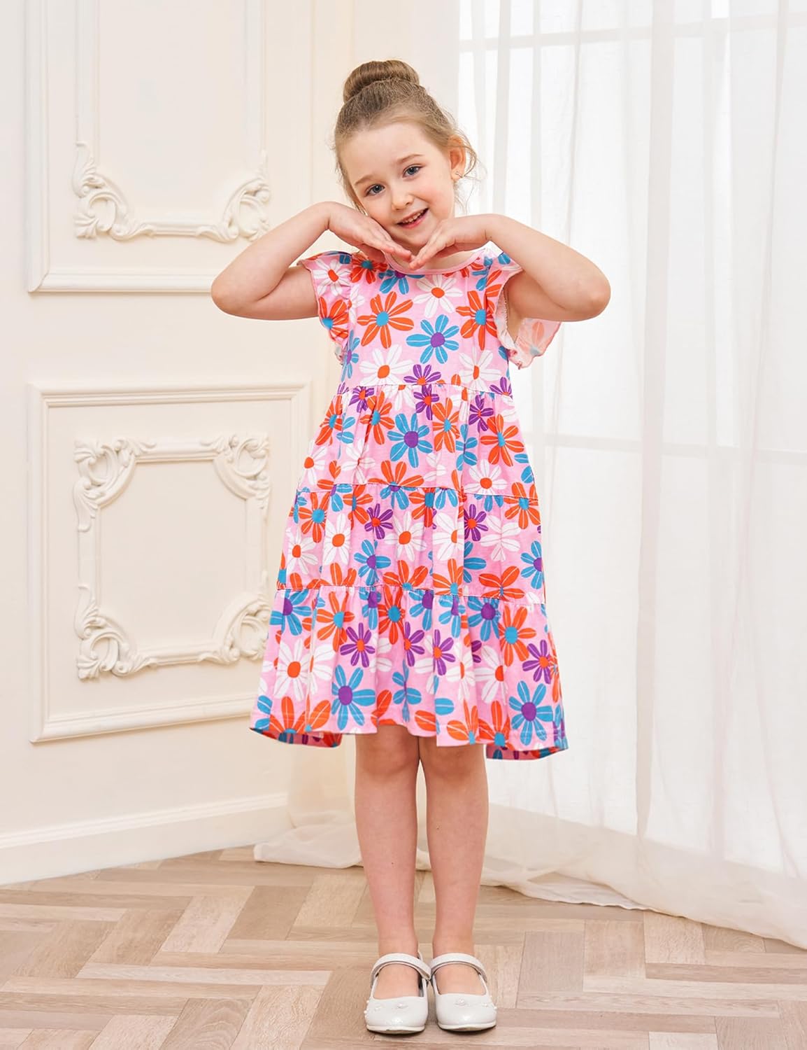 Bumeex Girl's Dresses Cotton Ruffle Sleeve Tiered Swing A-Line Cute Midi Casual Sundress - Image 3