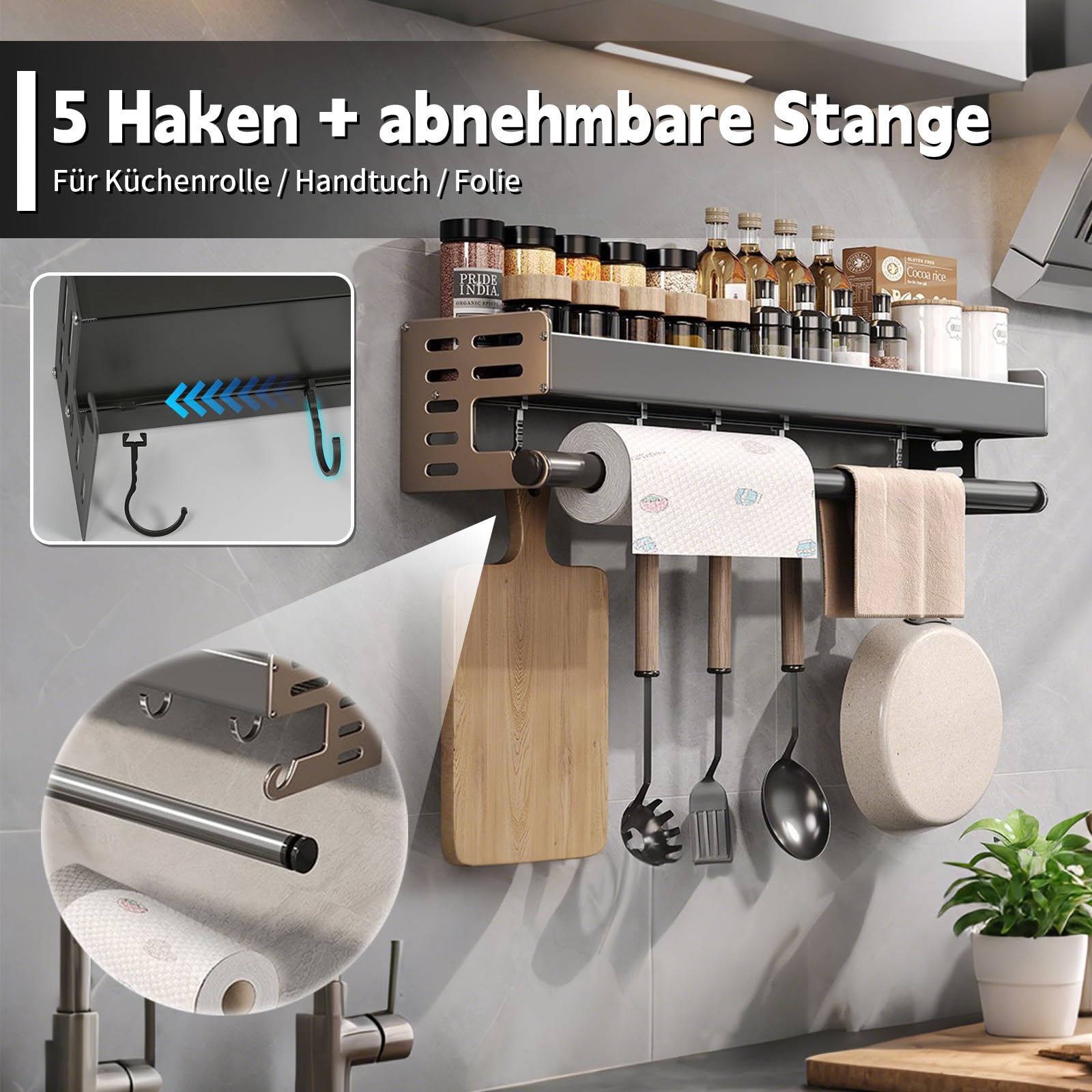 Porte épices Cuisine Aluminium Sans Perçage Crochets Étagère Épices Murale Aluminium 13.5cm Largeur Porte-Épices 30/40/50cm Etagere Murale Cuisine