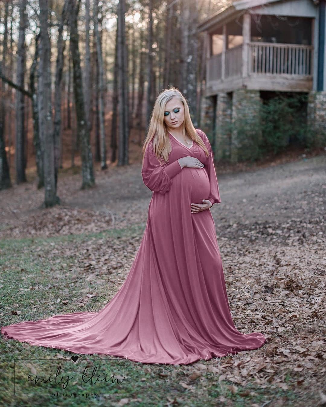 Maternity Gown Bishop Sleeves Baby Shower Dress Wrap Side Slit Sweetheart Maxi Photo Shoot for Photography - Image 8