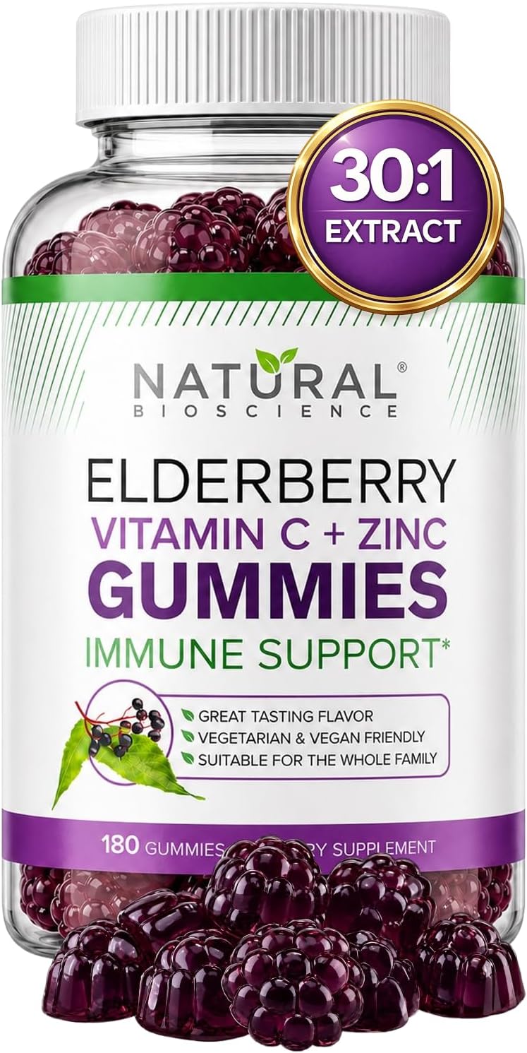 Natural BioScience Sambucus Elderberry Gummies with Zinc and Vitamin C, 30:1 Black Elderberry Extract, Daily Immune Support Supplement for Adults & Kids, 180 Count Vegan Chewable Gummies