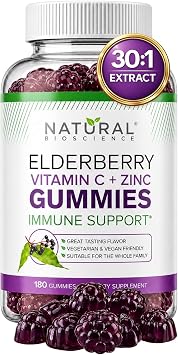 Natural BioScience Sambucus Elderberry Gummies with Vitamin C & Zinc, 301 Black Elderberry Extract, Daily Immune Support Supplement for Adults & Kids, 180 Count Vegan Chewable Gummies