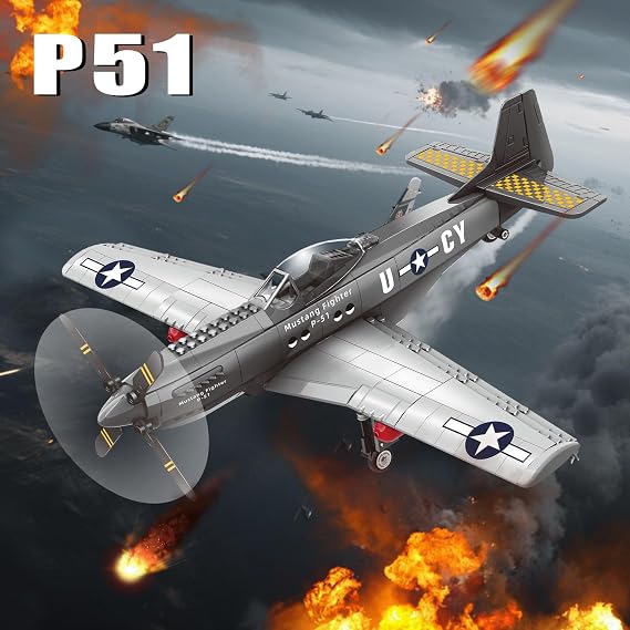 P51 Mustang Fighter Jet Building Set, Compatible with Lego Military Plane