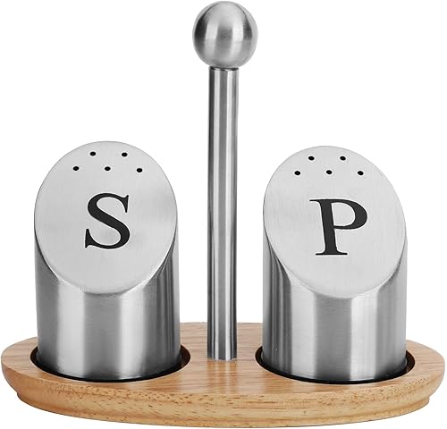 Salero y pimentero con soporte, salero y pimienta de acero inoxidable, caja de condimentos con soporte de madera, mesa de comedor, accesorio de