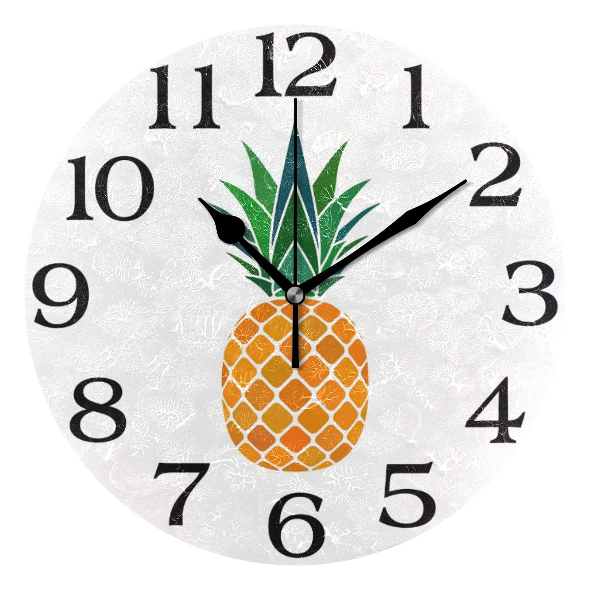 linomo Tropical Summer Pineapple Wall Clock Decor, Silent Non Ticking Round Clock Quiet for Kitchen Living Room Bedroom Bathroom Office
