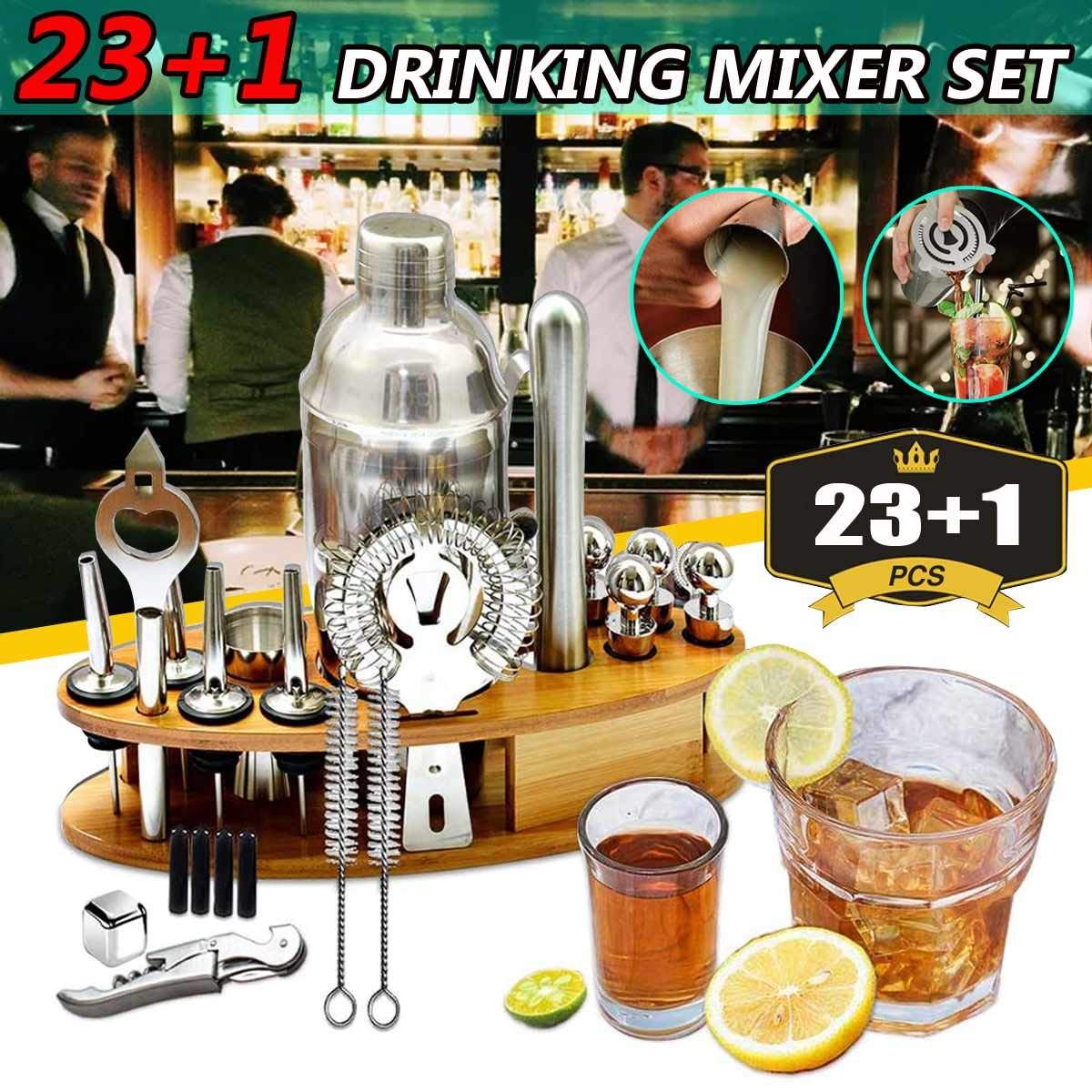 Coctel Shaker Bar Set Cocktail Making Kit con Estante De Madera Acero Inoxidable Bartender Tools Bar Mezter Maker Barware