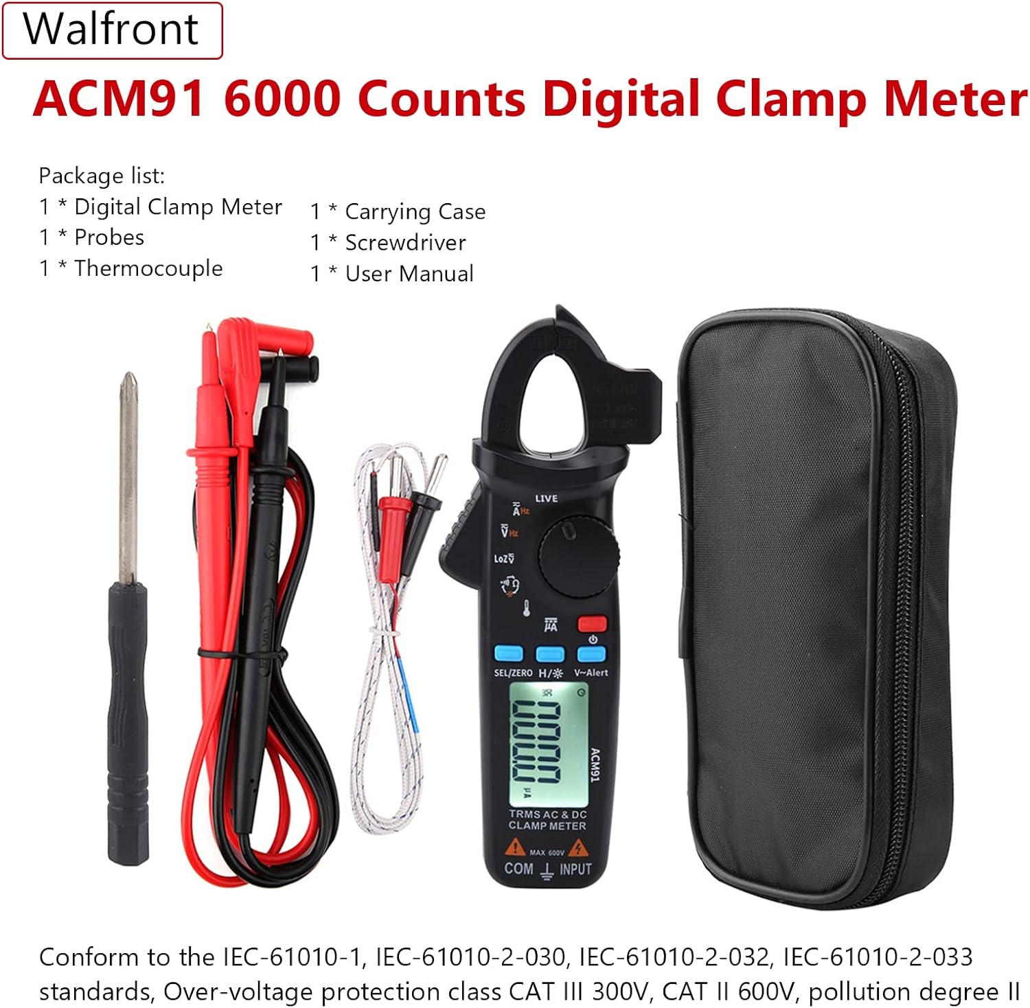 Walfront Clamp Meter 6000 Counts, ACM91 1mA True RMS Clamp Meter AC/DC Clamp Meter Multimeter Low Impedance Tester, Current Voltage Data Retention for Home Appliance