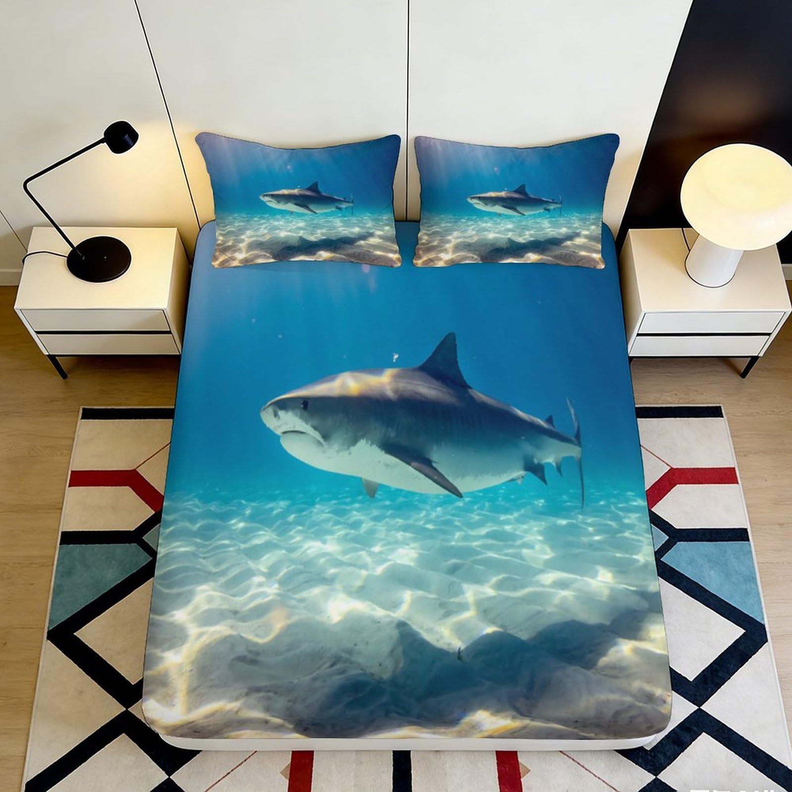 Jqzkxnhpbr Style-10 3D Printed Ocean Shark Fitted Sheet Microfiber Soft Blue Underwater Mattress Cover For Bedroom Dorm Decor Mattress Protection 90X200x25cm