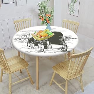 Western Fitted Round Table Cloth,Old Traditional Wagon Wild Print Elastic Edged Print Polyester Table Cover,, Fits Round Table 44" Diameter, for Wedding Restaurant Banquet Party,Black and White