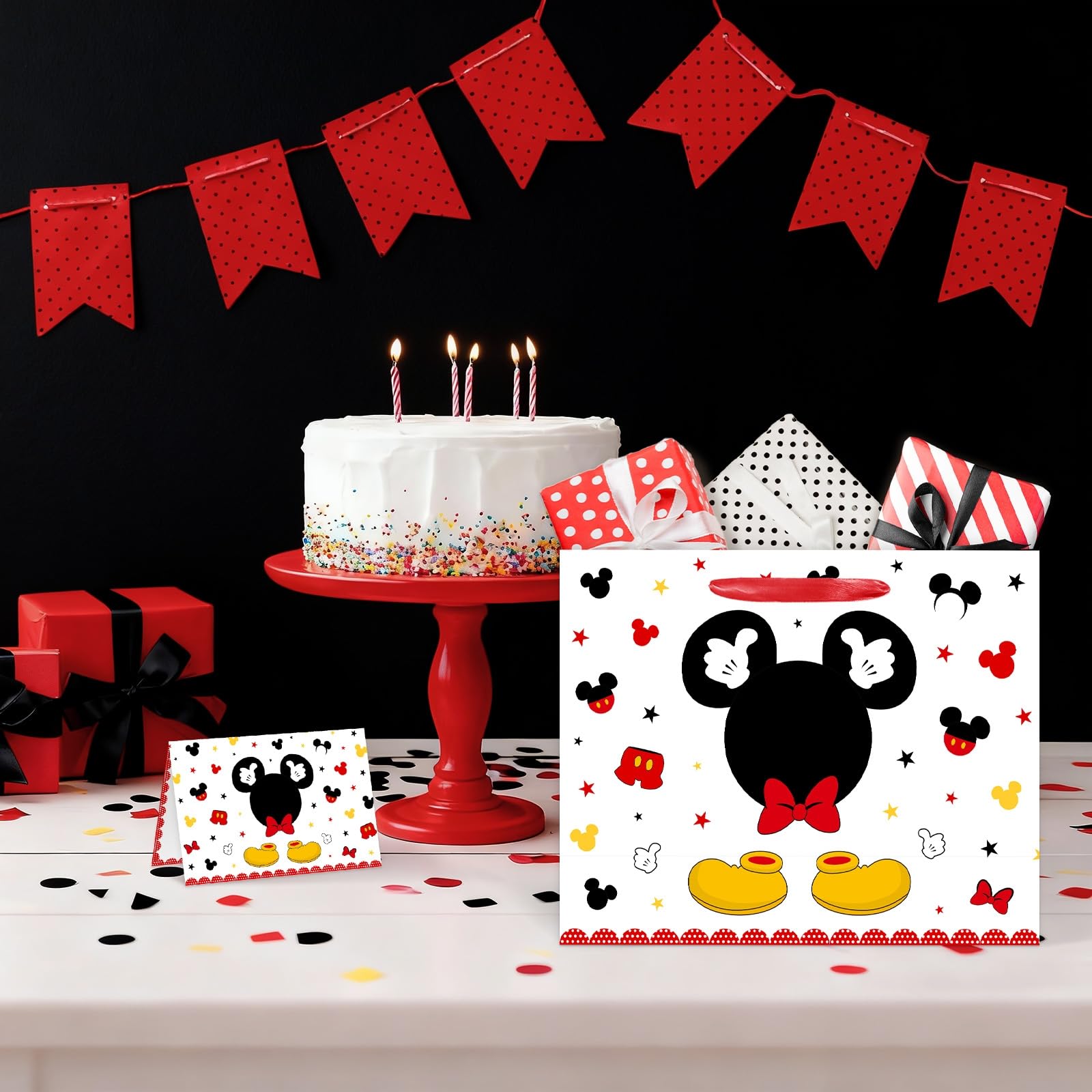 13" Large Red Mouse Happy Birthday Gift Bag Set with Handles, Greeting Card and Tissue Papers Red Black Gift Wrapping Paper Bag for Girls Kids Teens 13"L x 10.2"H x 4.9"W