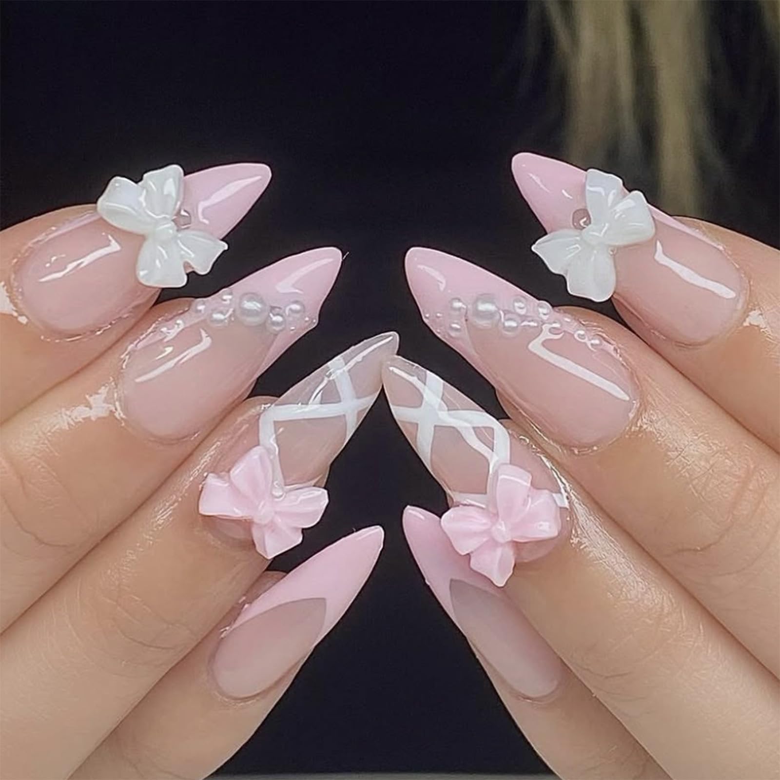 SINHOT Stiletto Press on Nails Long - 3D Pink Bowknot & White Pearls Almond Nail Art, French Tip DIY Fake Nails with Glossy Glue on Nails, 24Pcs
