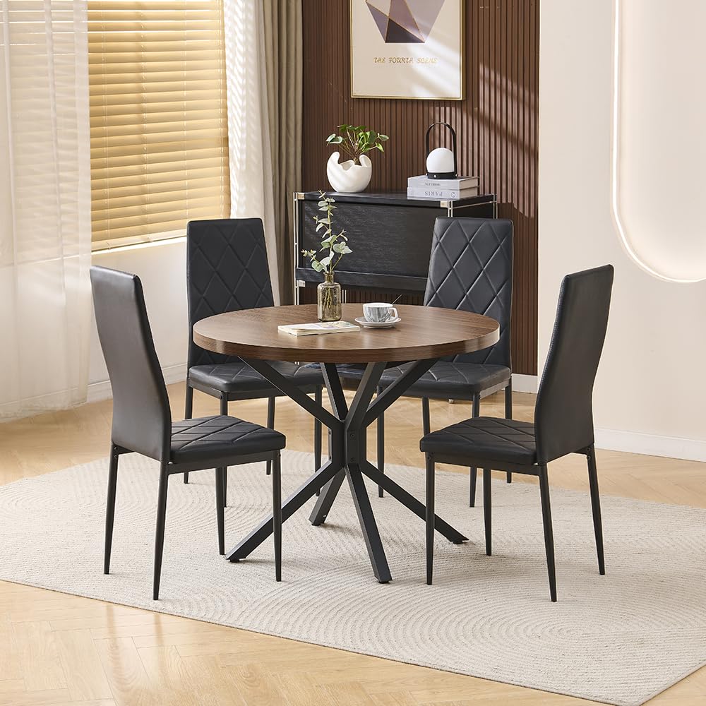 Pantanal 95cm Round Browish Walnut Wood Dining Table and Leather Chairs Set of 4, Modern 5 Pieces Compact Kitchen Table with 4 Elegant Argyle Grid Chairs for Dinette Restaurant Small Space