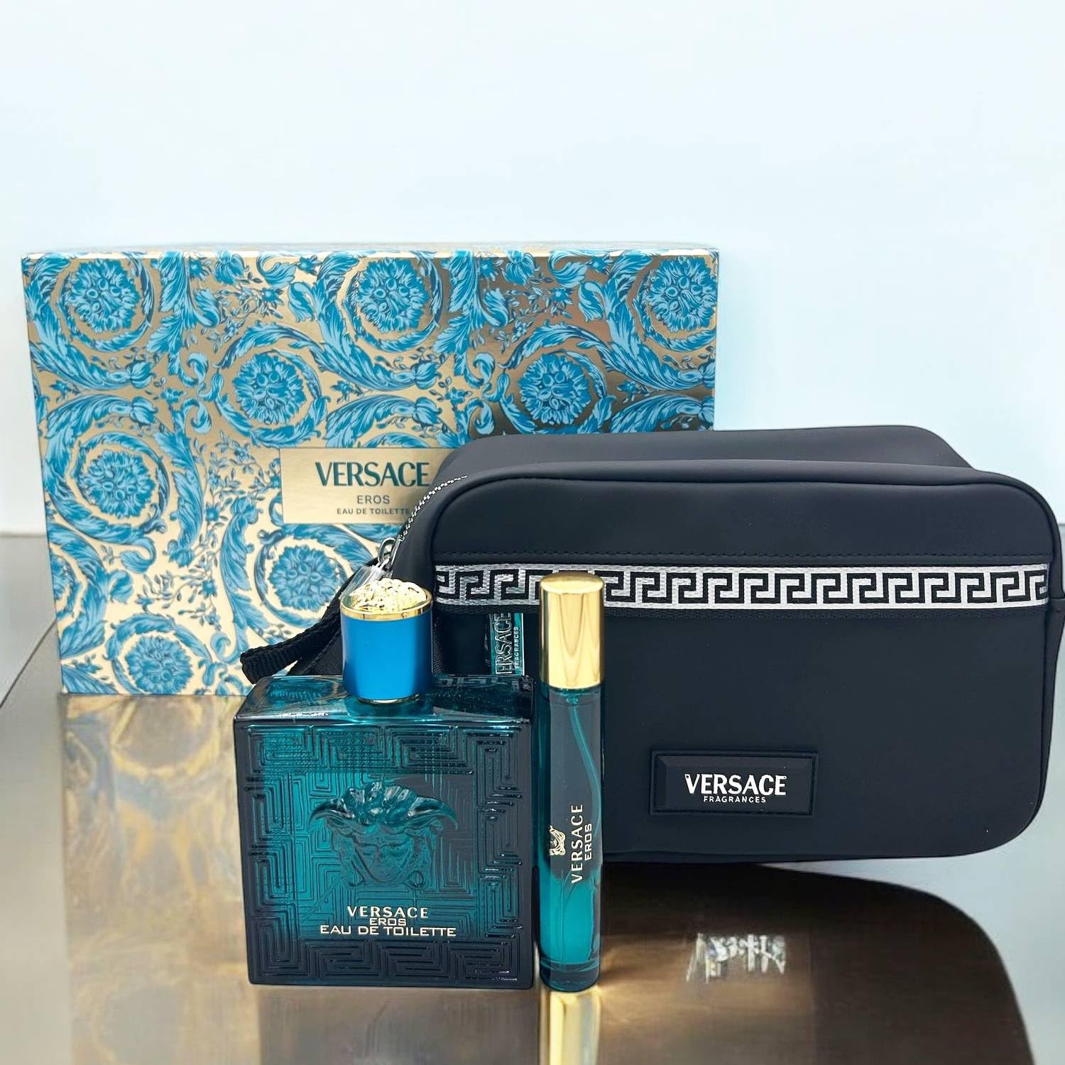 Versace Eros Confezione Regalo Uomo Profumo Eau De Toilette 100 ml Profumo Travel Size 10 ml e Pochette
