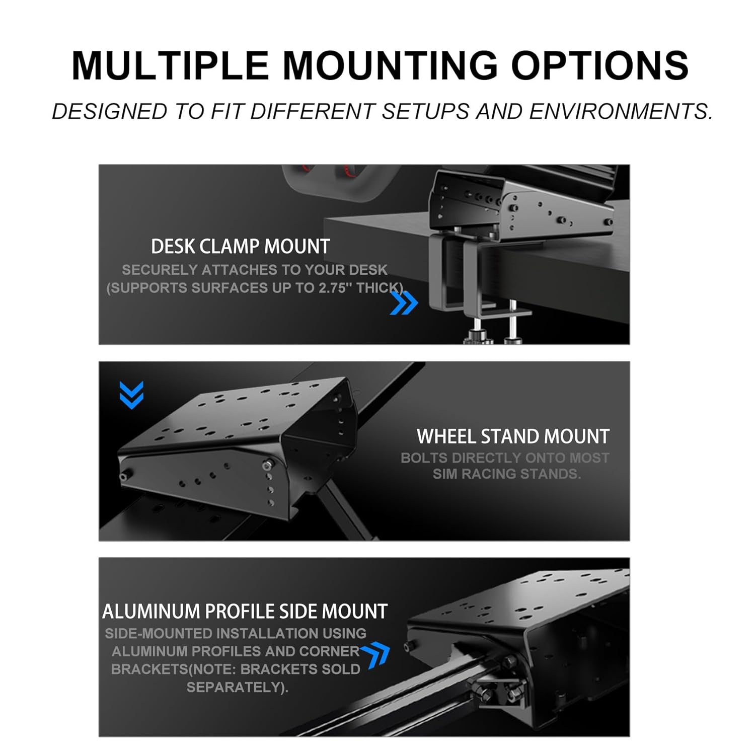 Diagram showing desk clamp mount, wheel stand mount, and aluminum profile side mount options for PXN Z9