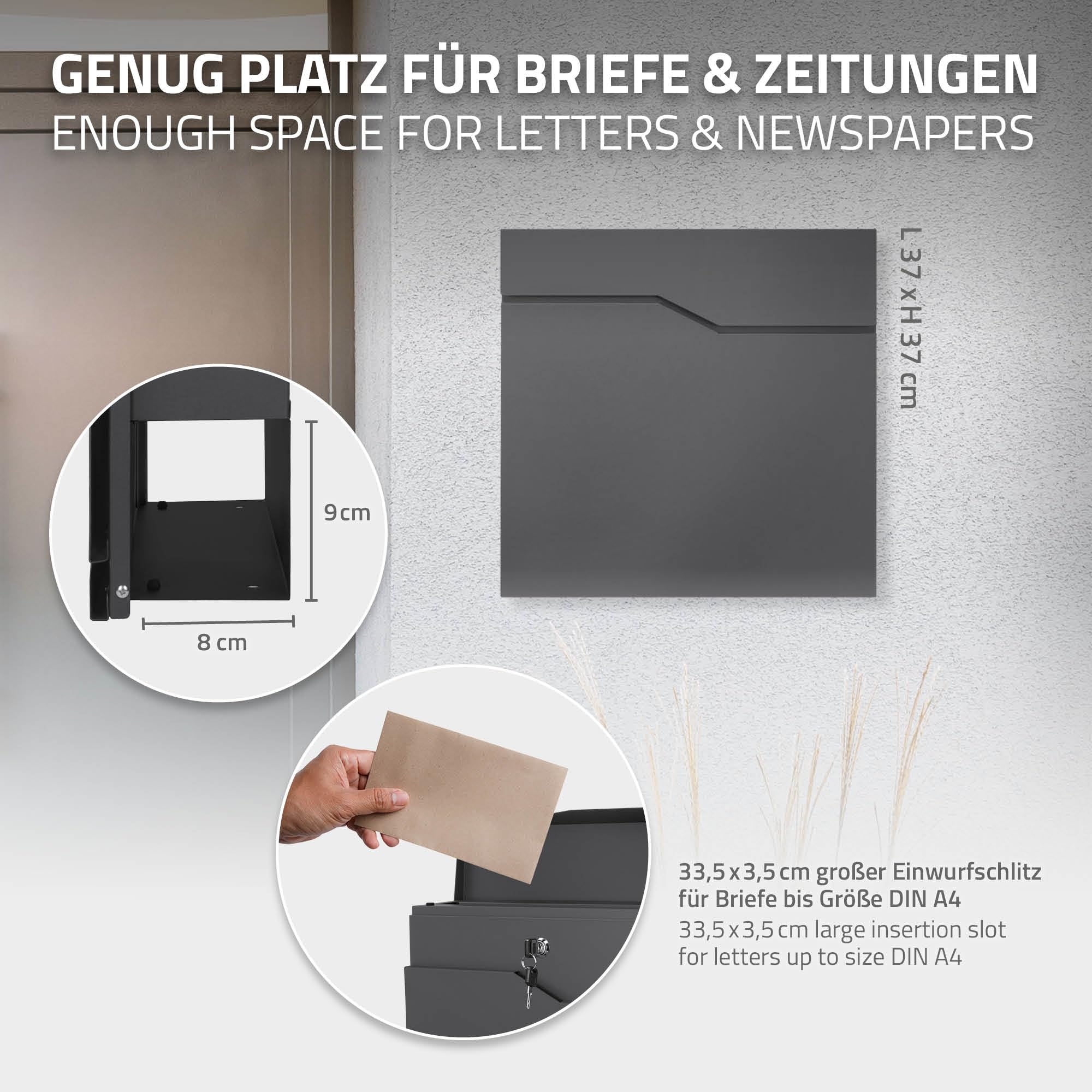 ECD Germany Standbriefkasten mit Zeitungsfach, Design Briefkasten mit Pfosten, Briefkastenanlage, Briefkastenständer Anthrazit 120cm Edelstahl, Postkasten Anthrazit 37x37cm Edelstahl pulverbechichtet