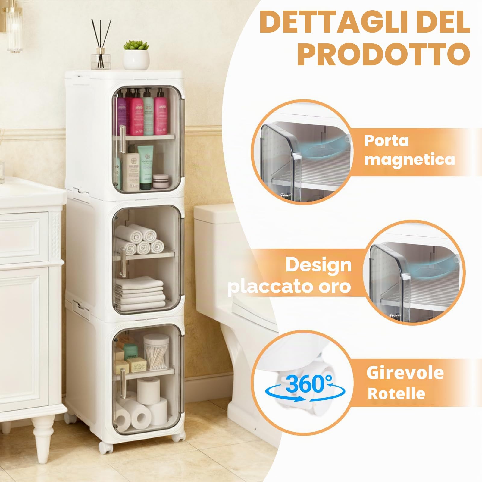 Armadietto portaoggetti da bagno sottile con ruote, mobile pieghevole e stretto, per piccoli spazi, lavanderia e cucina, bianco (bianco, 3 ripiani)