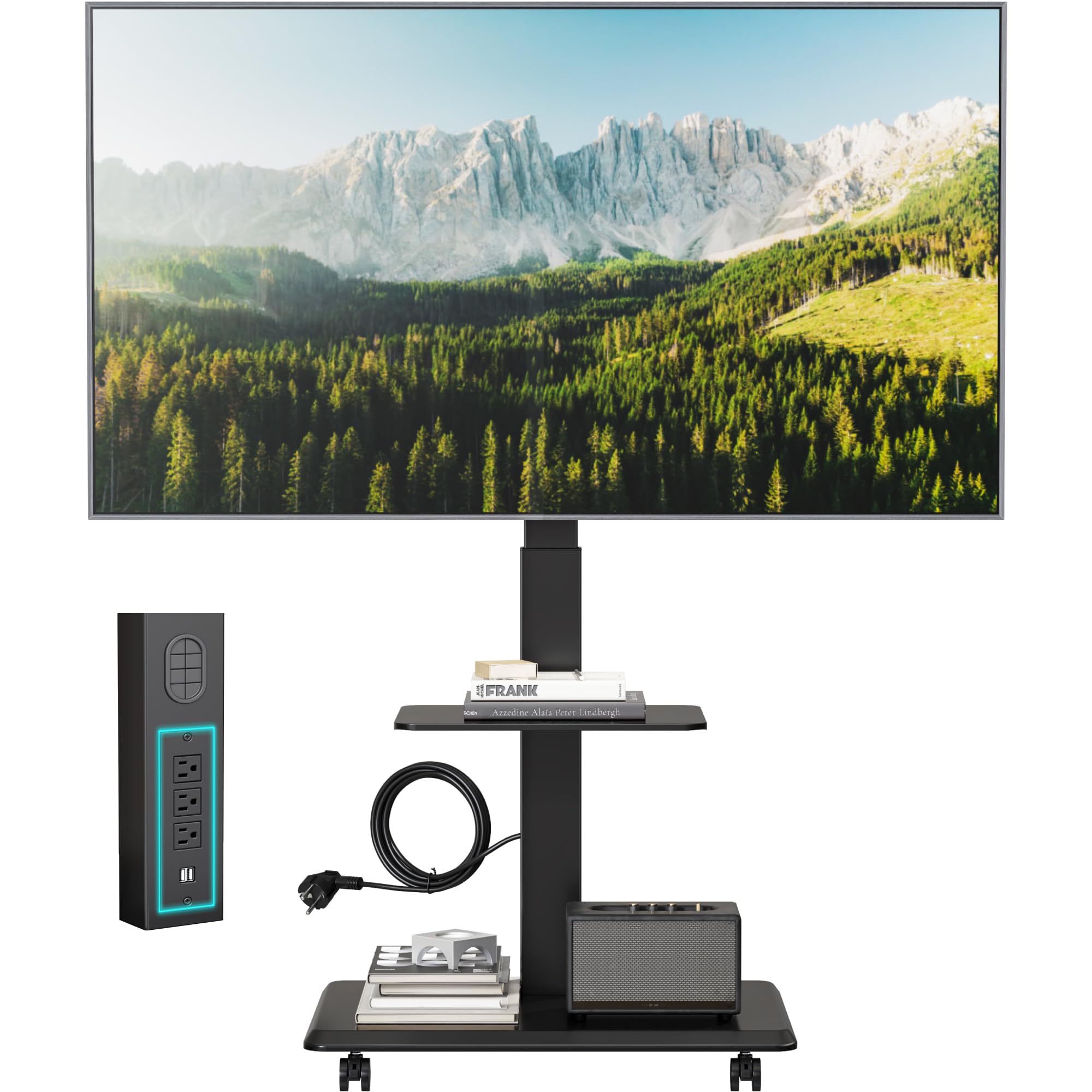 TV Ständer Rollbar mit Steckdose, 37"-75", 50kg, Max VESA 600x400 | TV Standfüße mit Versteckter Kabelverwaltung, Höhenverstellbar, Schwenkbar, Neigbar, ±3° Niveau, Einfache Montage, Schwarz
