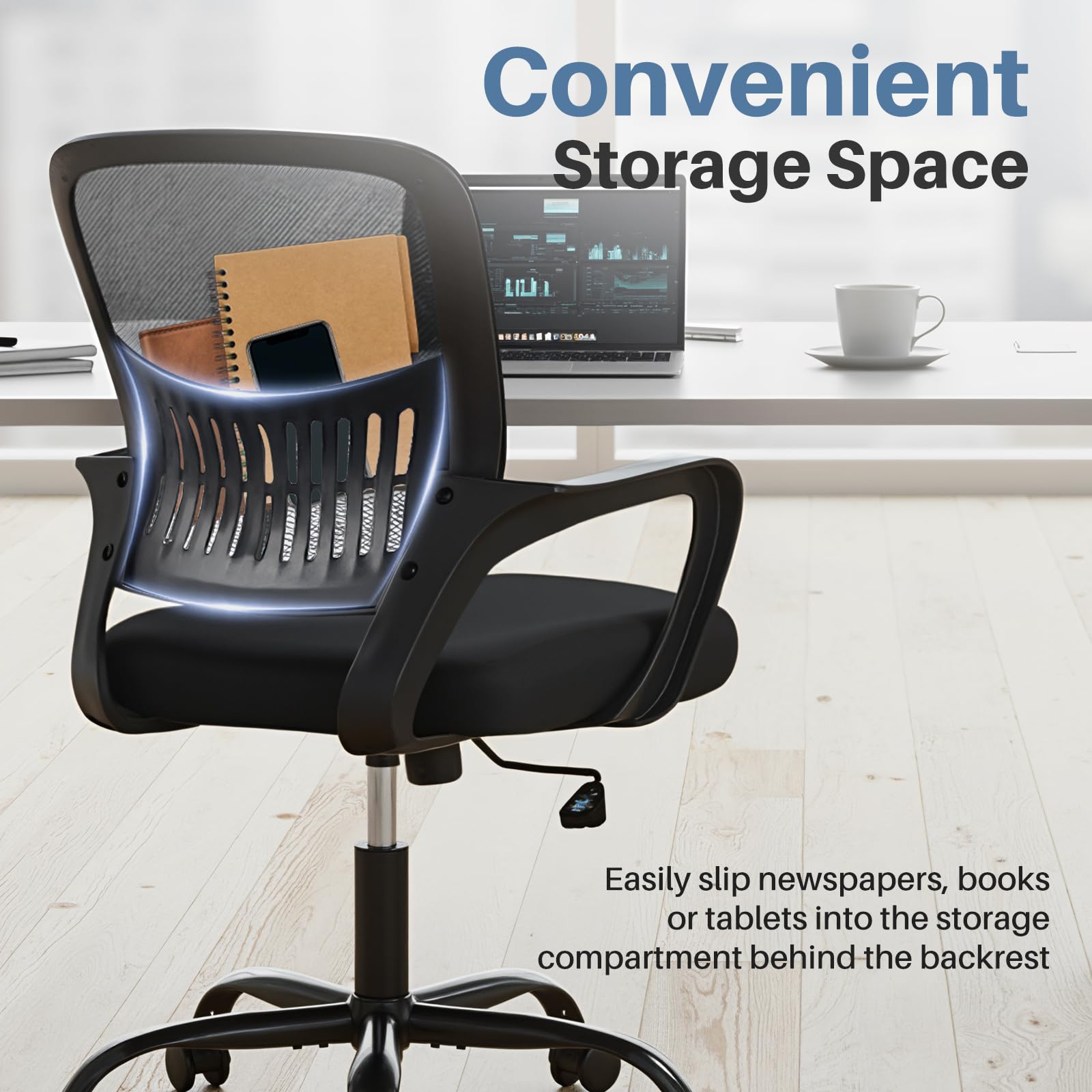 DUMOS Home Office Computer Chair - Ergonomic Mid Back Desk with Lumbar Support and Rocking Mode, Height Adjustable with Fixed Armrest, for Conference Meeting Room, 360° Swivel, Adults, Black