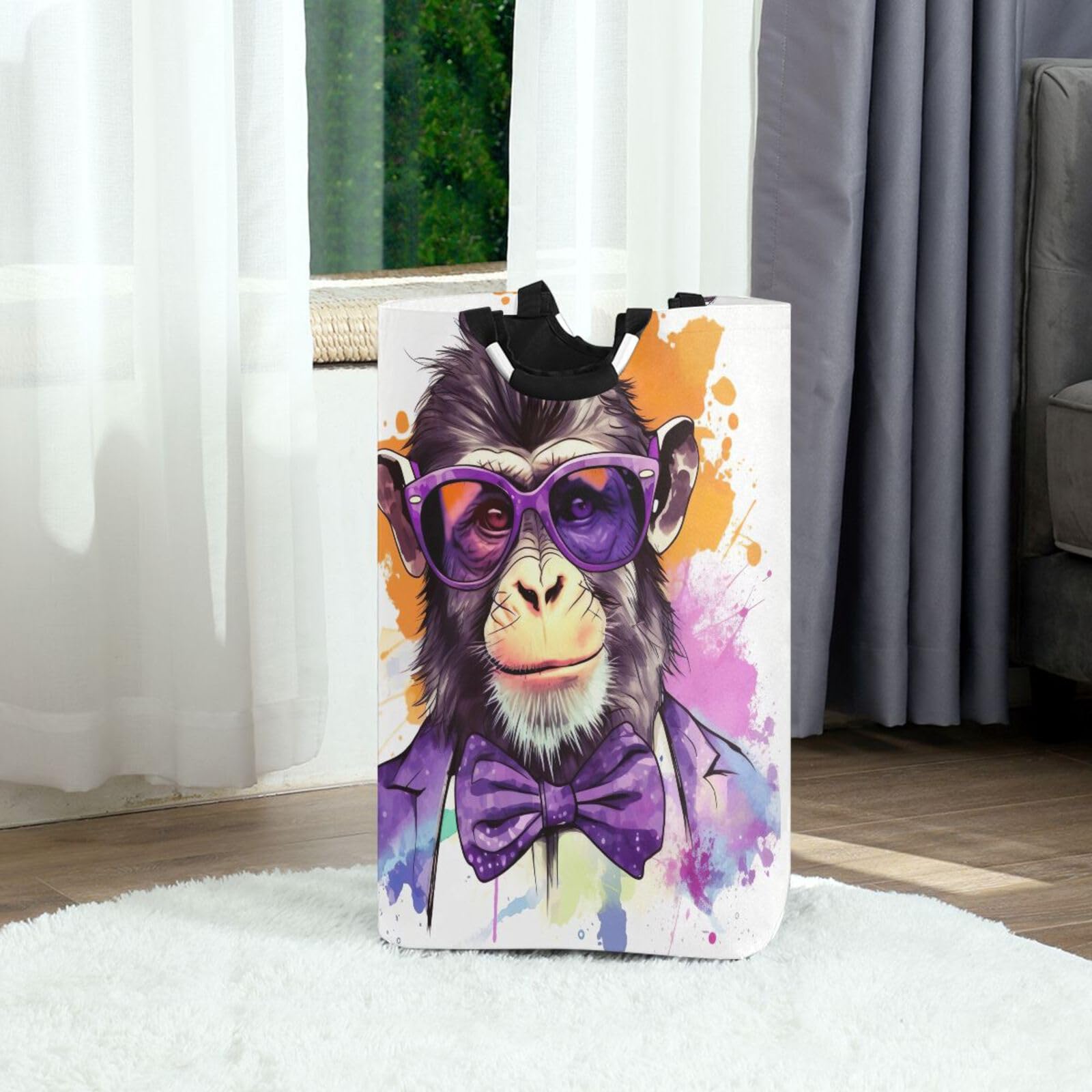 Jihqo Laundry Hamper Basket Watercolor Monkey Collapsible Nursery Storage Bin Waterproof Clothing Baskets for Home Bedroom Bathroom Washing Room