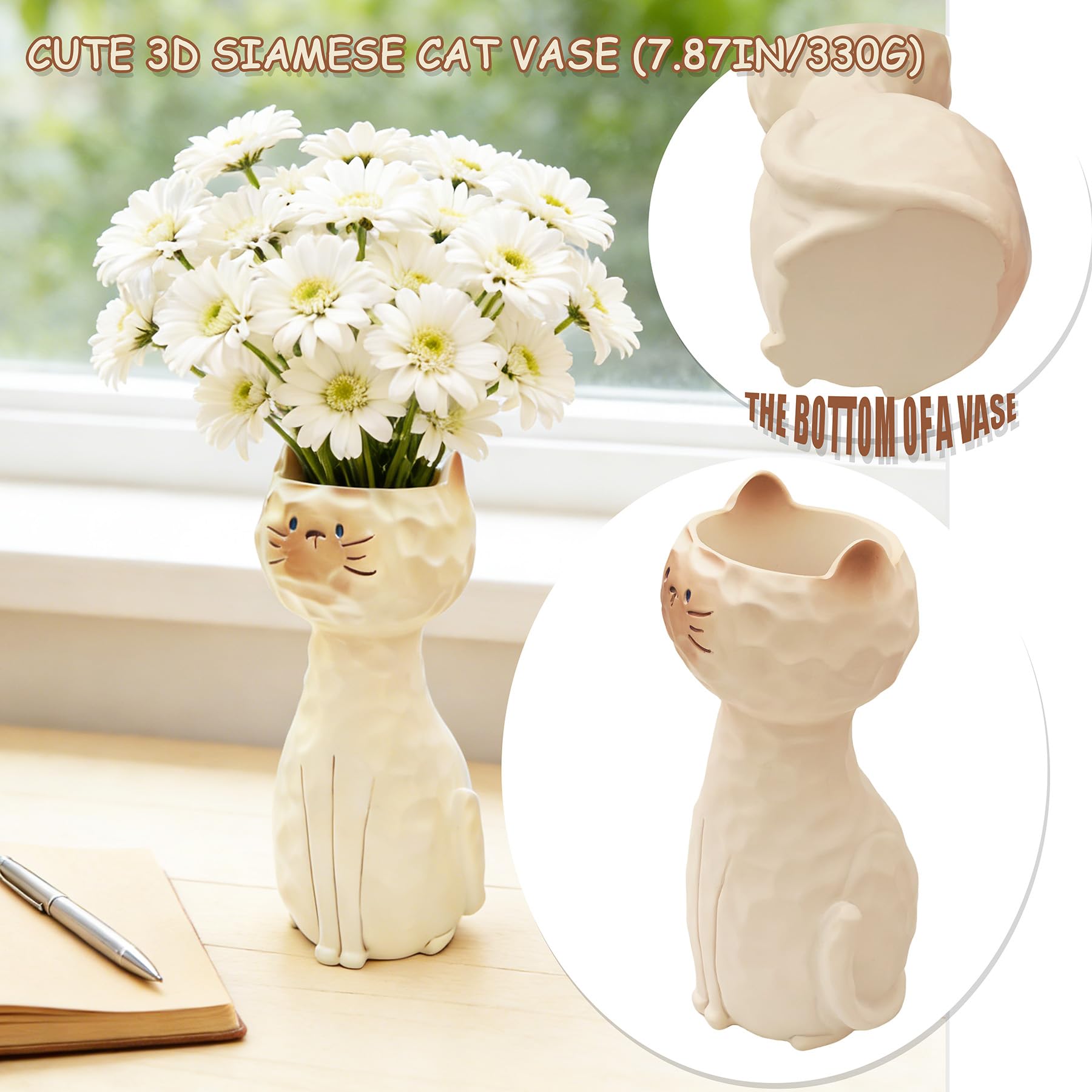 Amazon.co.jp: シャム猫樹脂花瓶、8.07インチ水保持装飾花瓶3Dかわいい