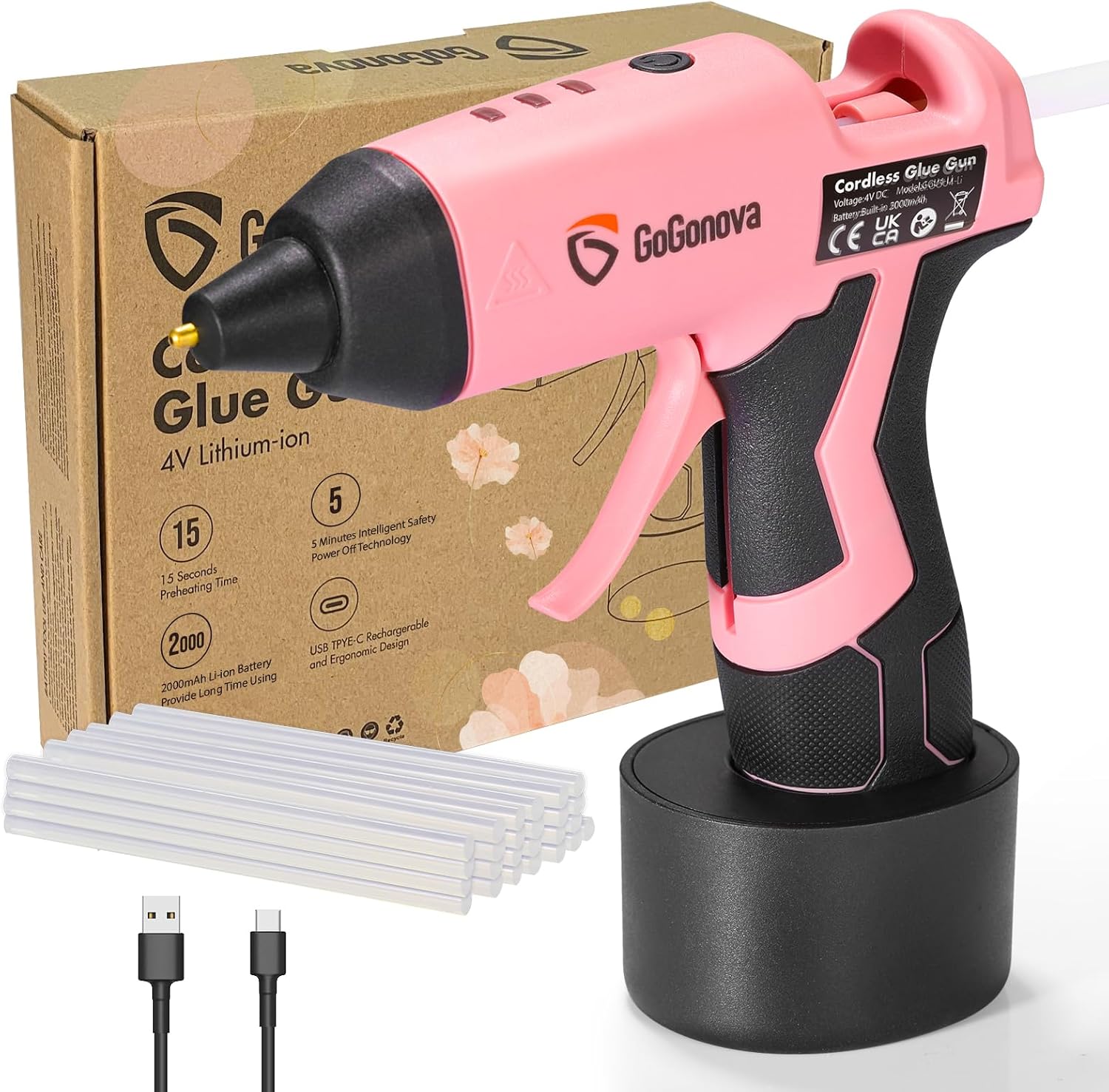 GoGonova Cordless Glue Gun, 15s Fast Preheating 2Ah Cordless Hot Glue Gun with 25 Pcs Premium Mini Glue Gun Sticks, USB-C Battery Rechargeable hot glue gun, Smart Power-Off, Pink 2Ah Pink