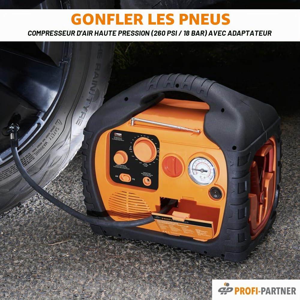 Station d'énergie mobile/station d'énergie portable/démarreur automatique avec compresseur/tuyau et adaptateurs, convertisseur de tension 12 V/230 V prise de courant (400 W), phare LED