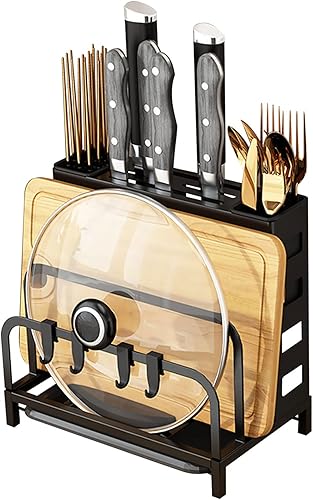 Esusom Tabla de cortar multifuncional y estante de secado de cuchillos, encimera de cocina, tapas de ollas, organizador de bloques de cuchillos con