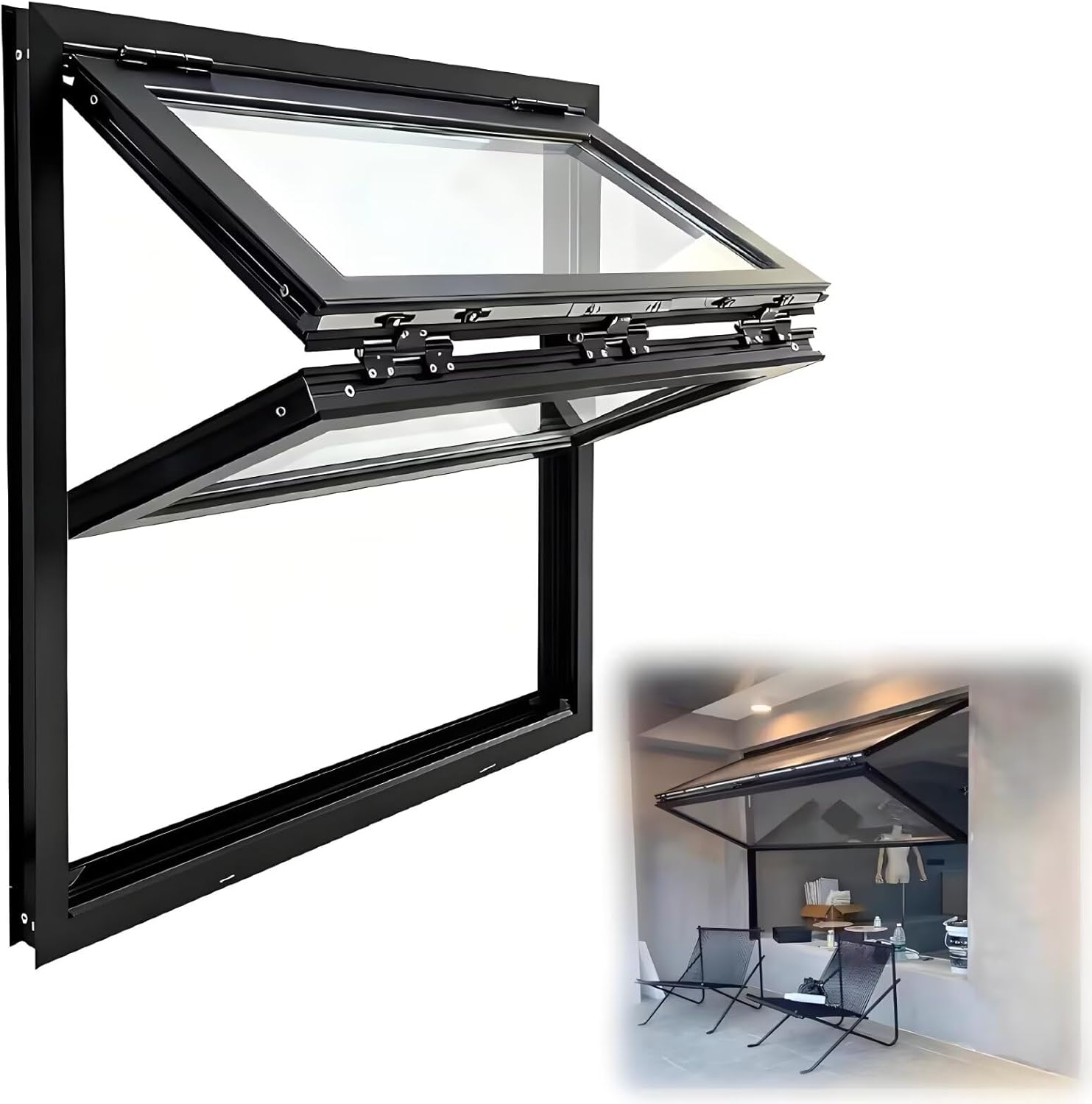 Lockable Double Hung Window, 22x42in Flush Mount Folding Sliding Window with Aluminum Frame & Handle for Mobile Home Food Truck Basement Office Coffee Shop Vent Window Black